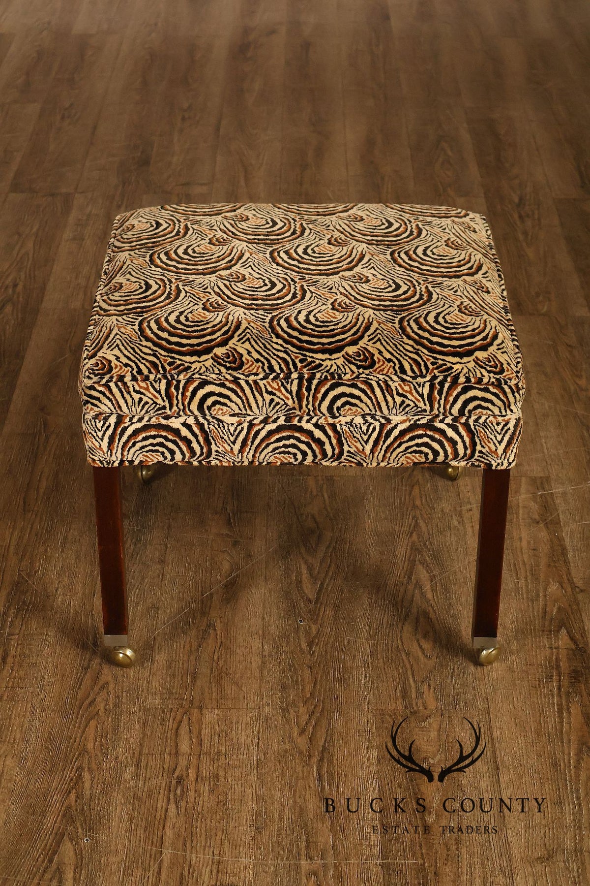 Postmodern Style Pair Of Square Upholstered Stools With Brass Casters