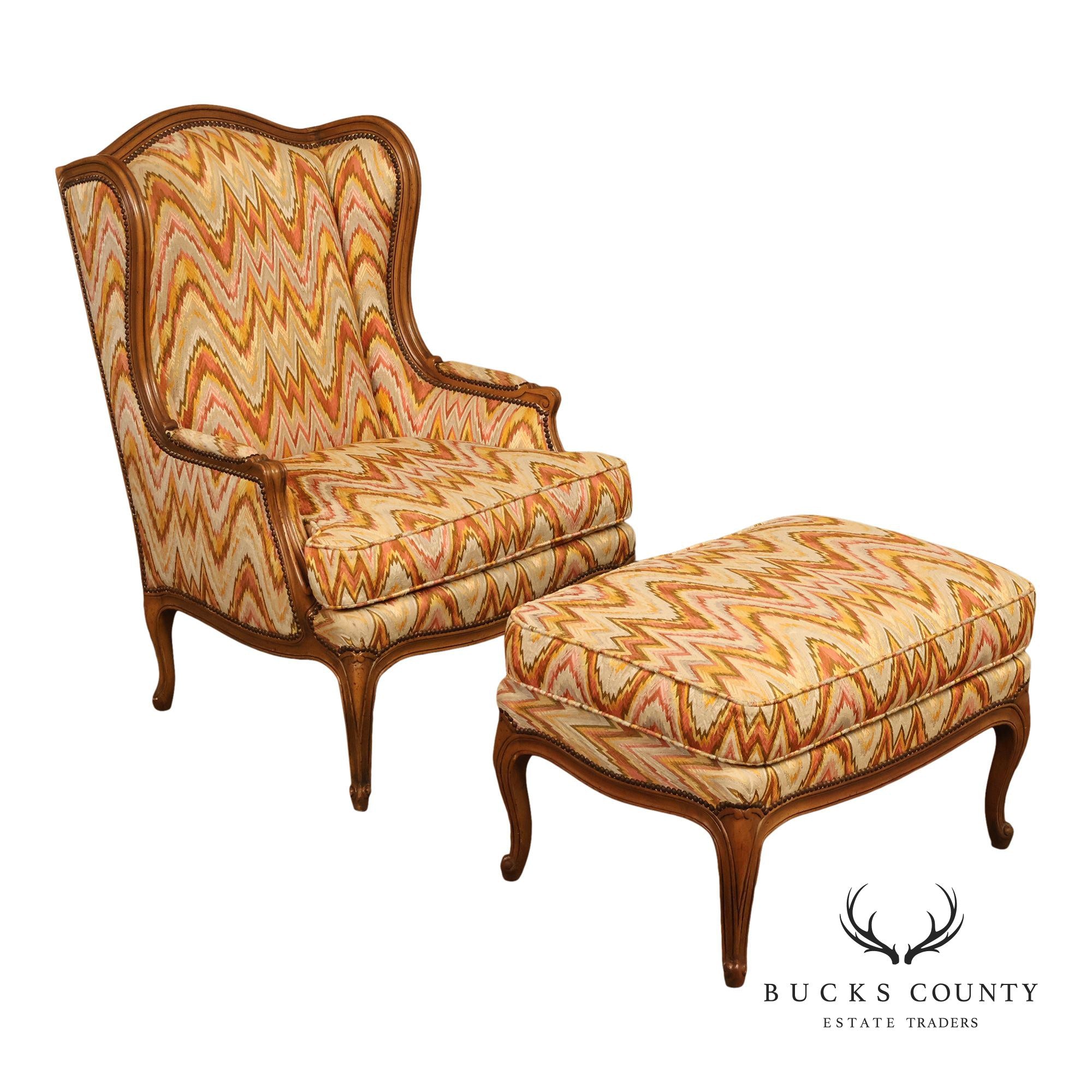 Baker Furniture Louis XV Style Wing Back Bergère Chair And Ottoman