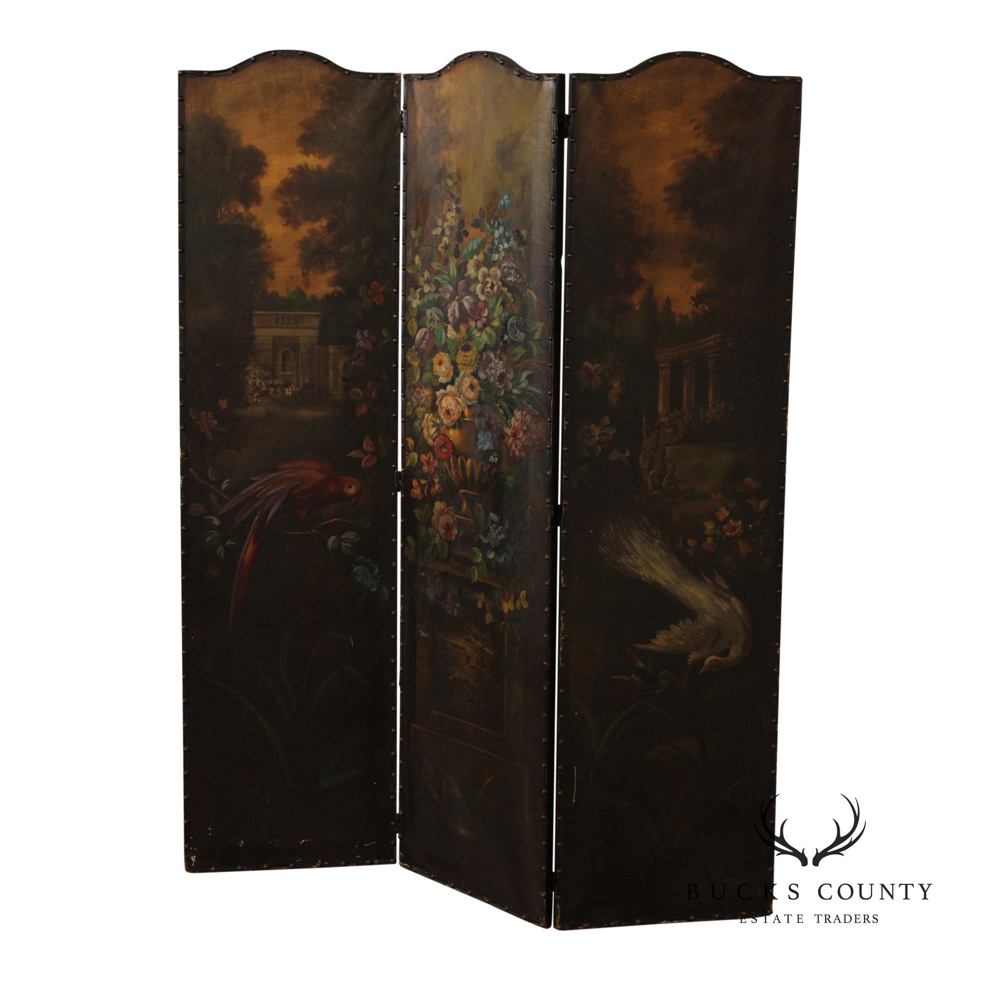 Antique Style 3-Panel Hand-Painted Oil On Canvas Floor Screen Room Divider With Floral Still Life, Birds & Garden Landscape