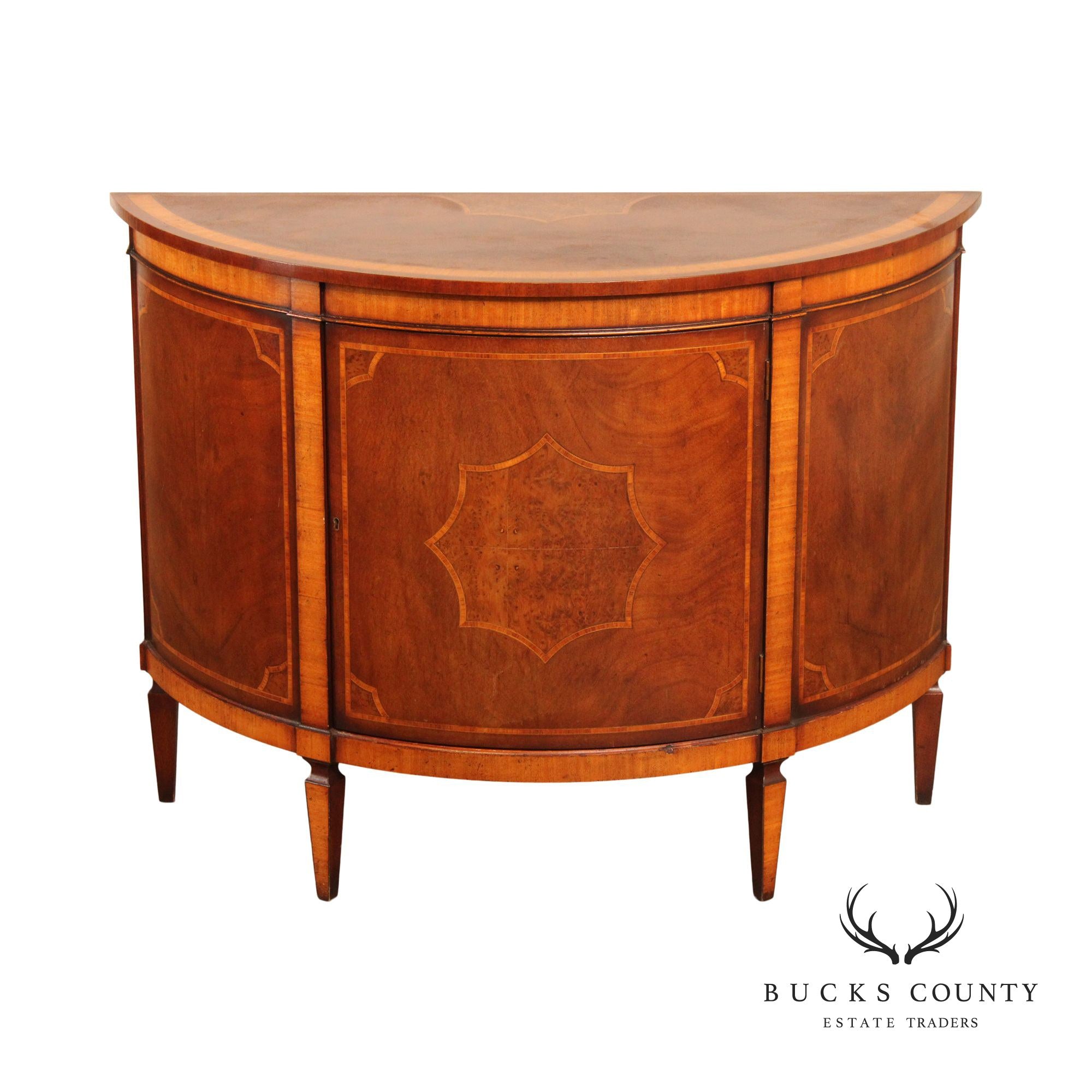 Regency Style Inlaid Walnut Demilune Cabinet Commode