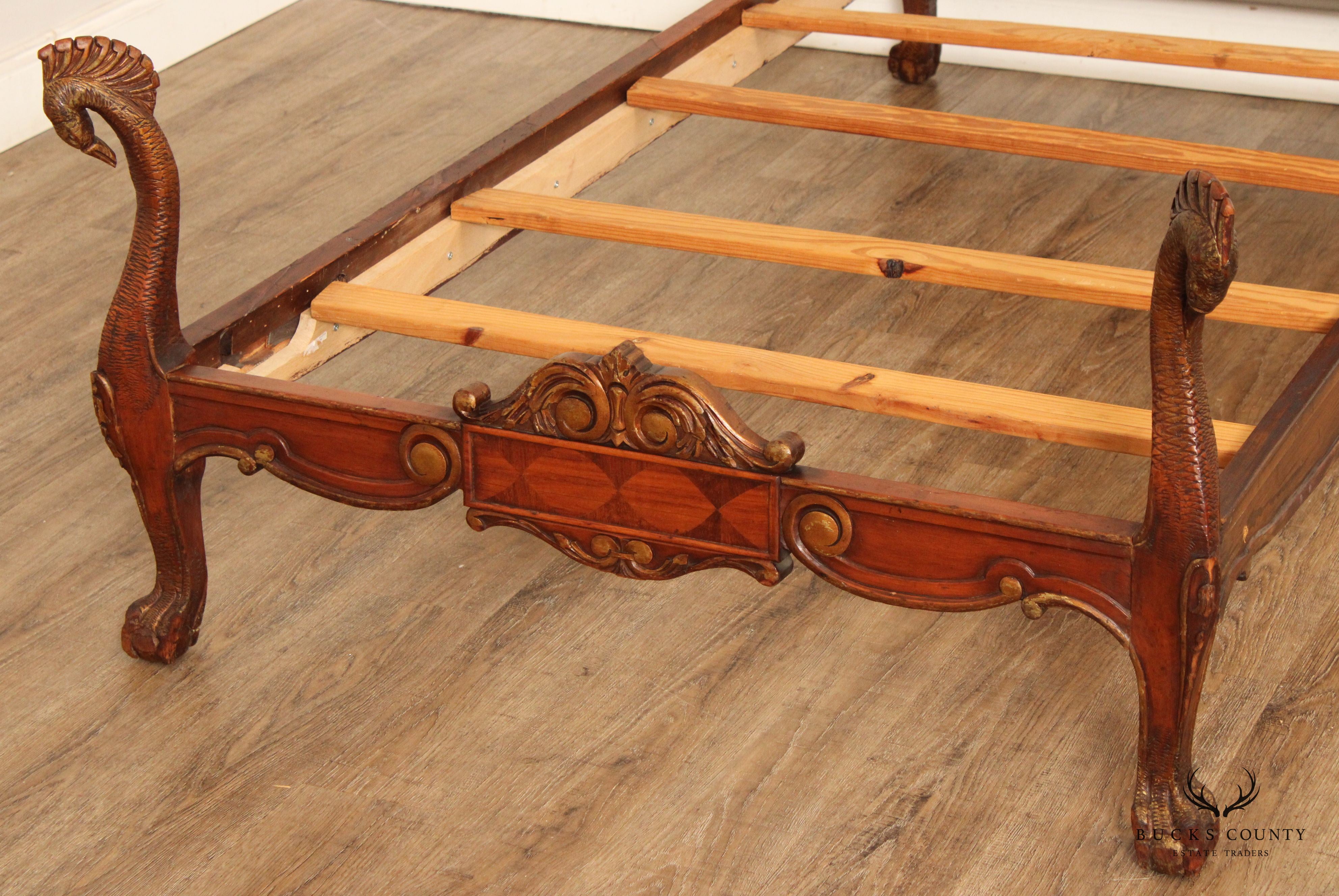 Antique French Rococo Style Peacock Carved Twin Size Bed Frame