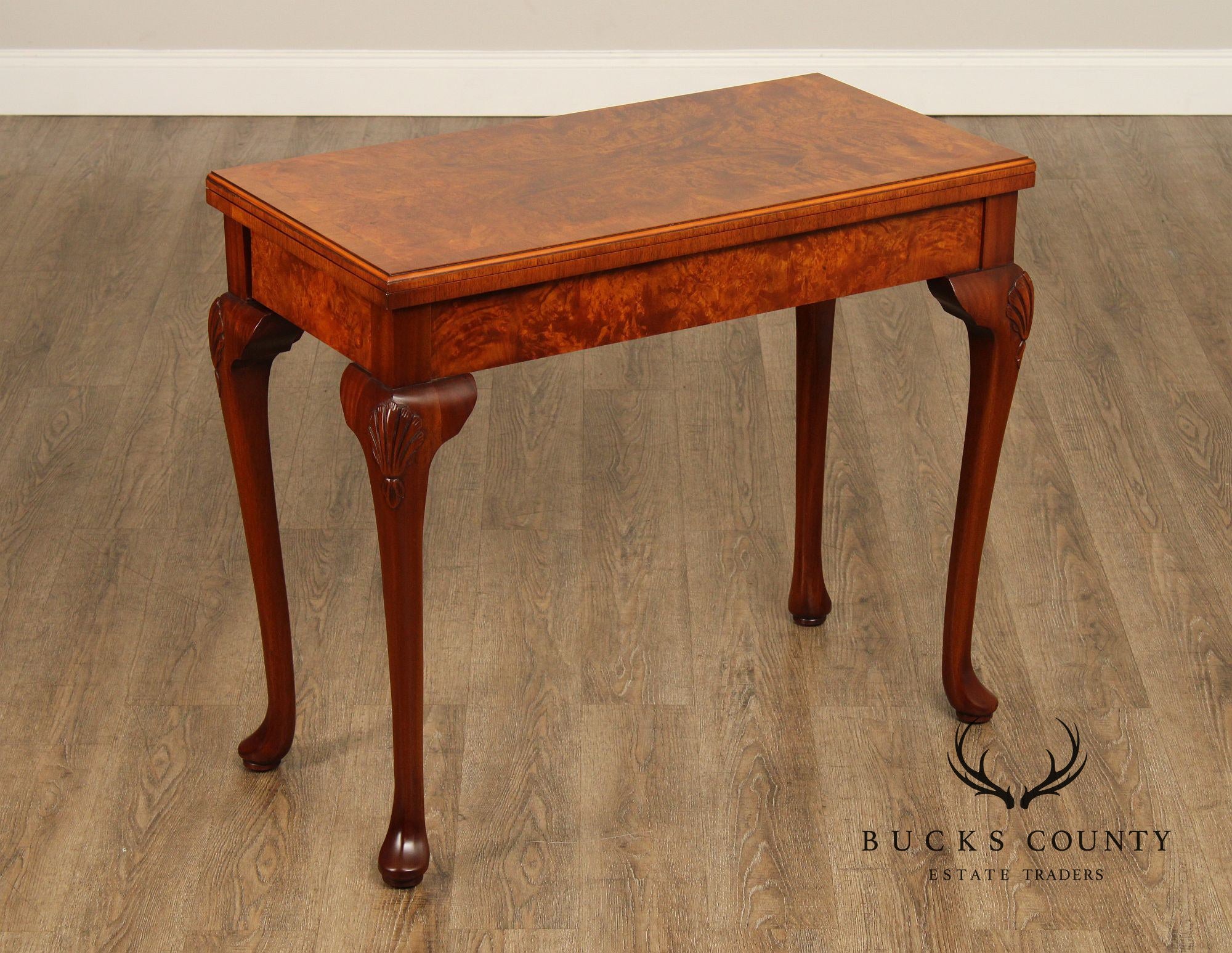 Queen Anne Style Burl Wood Leather Top Folding Games Table