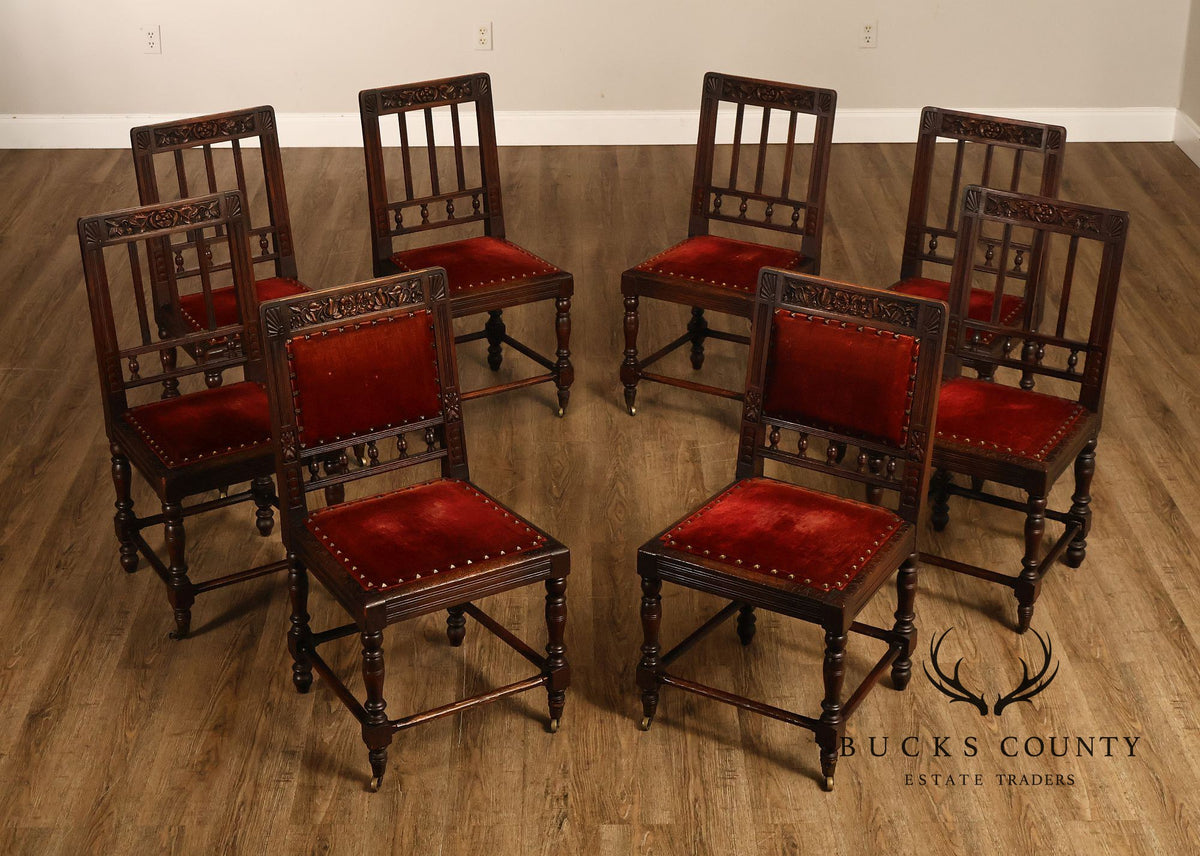 Antique Henry II Style Set of Eight Carved Oak Dining Chairs