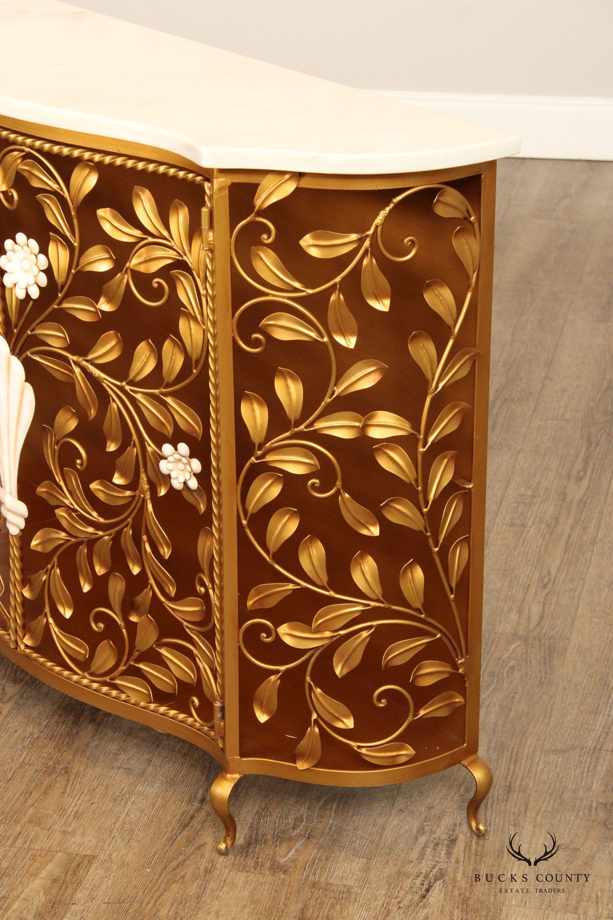 Italian Hollywood Regency Marble Top Floral Console Cabinet