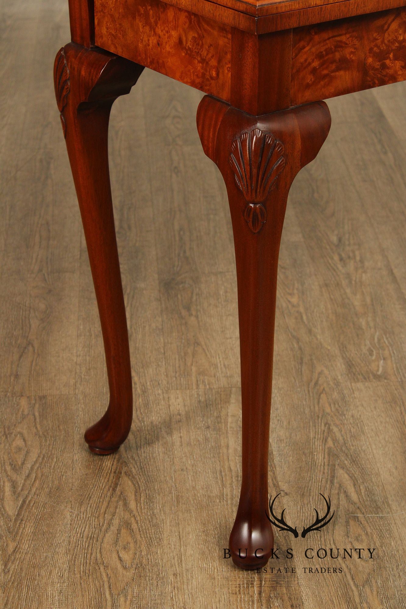 Queen Anne Style Burl Wood Leather Top Folding Games Table