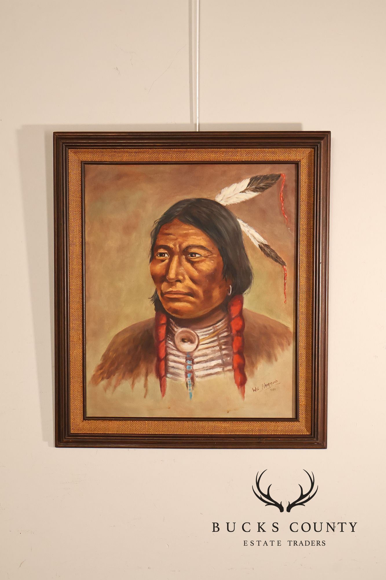 Framed Native American Portrait Painting Signed Wil Hamond 1981 "Lone Hawk"