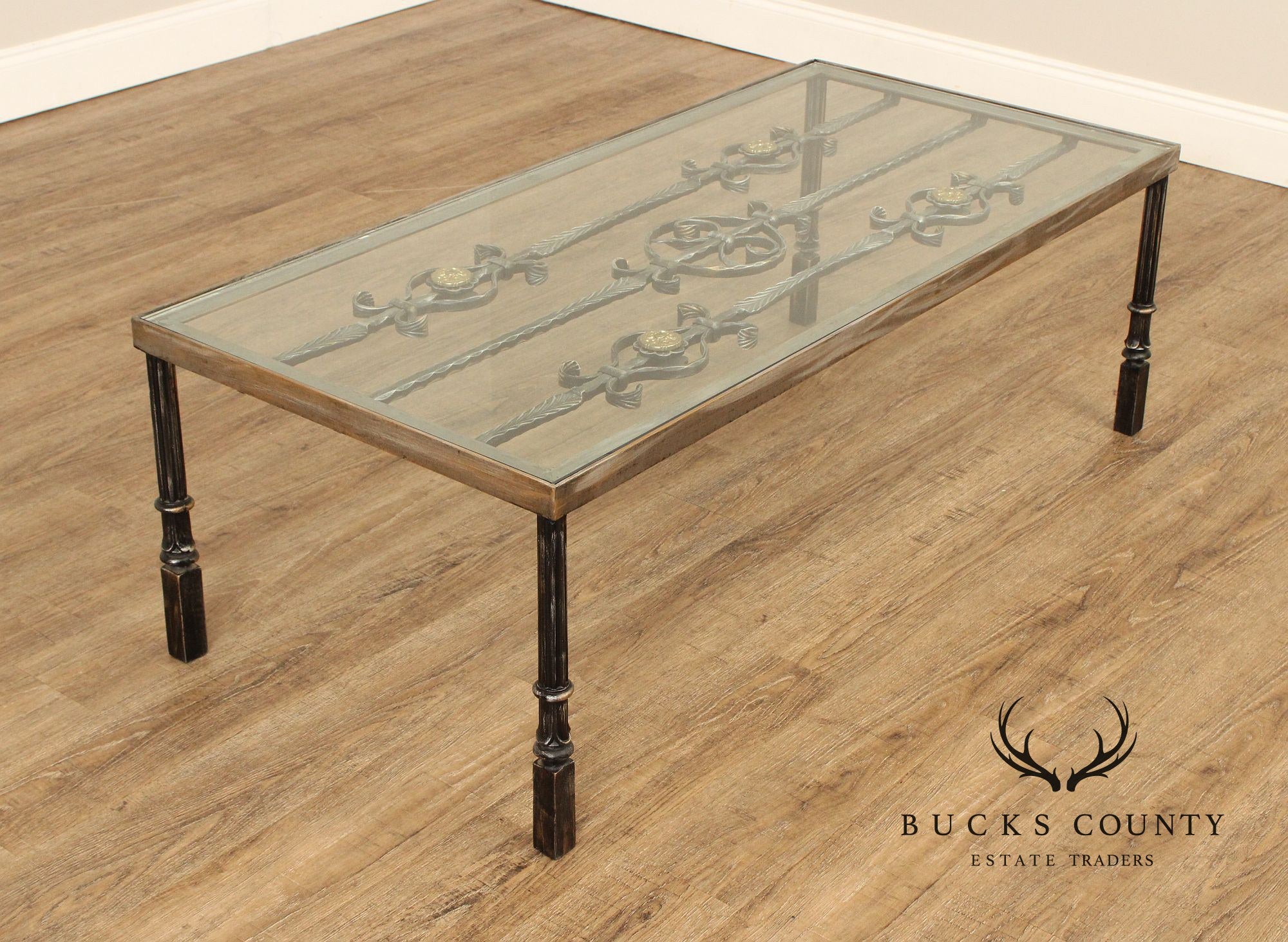 Renaissance Style Cast Iron Glass Top Coffee Table