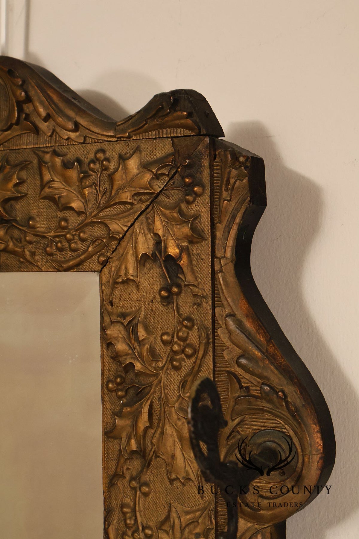 Antique Carved Gilt Wood Wall Mirror With Wrought Iron Hooks