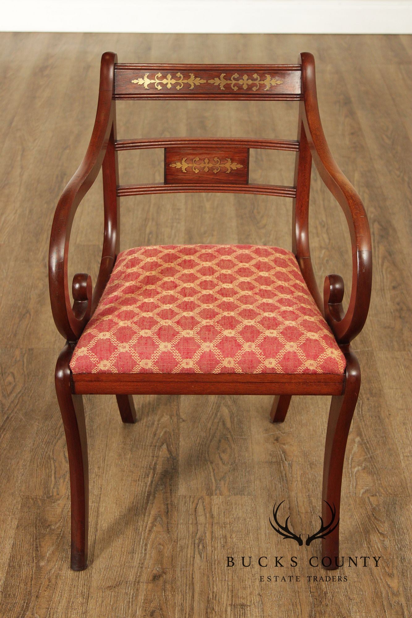Antique English Regency Style Pair of Rosewood Brass Inlaid Armchairs