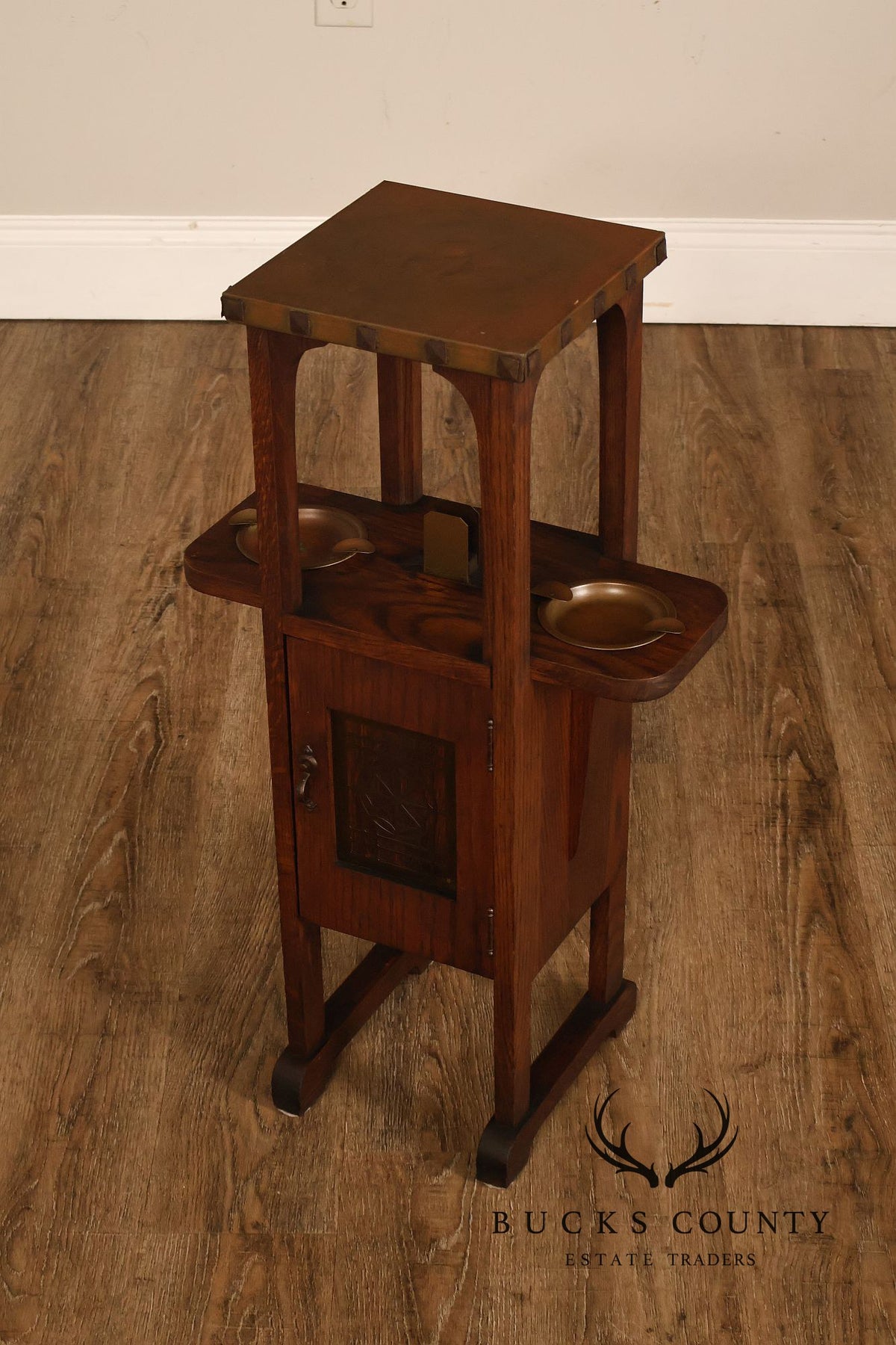 Antique Mission Arts And Crafts Oak Smoking Stand With Copper Ashtrays