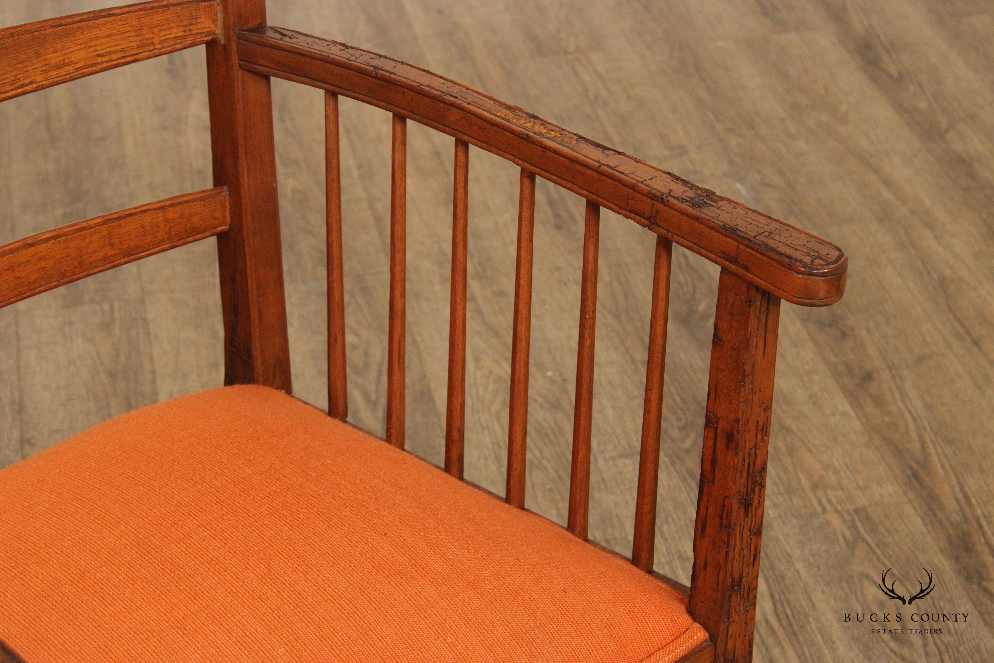 Antique Arts And Crafts Distressed Oak Tall Ladder Back Armchair