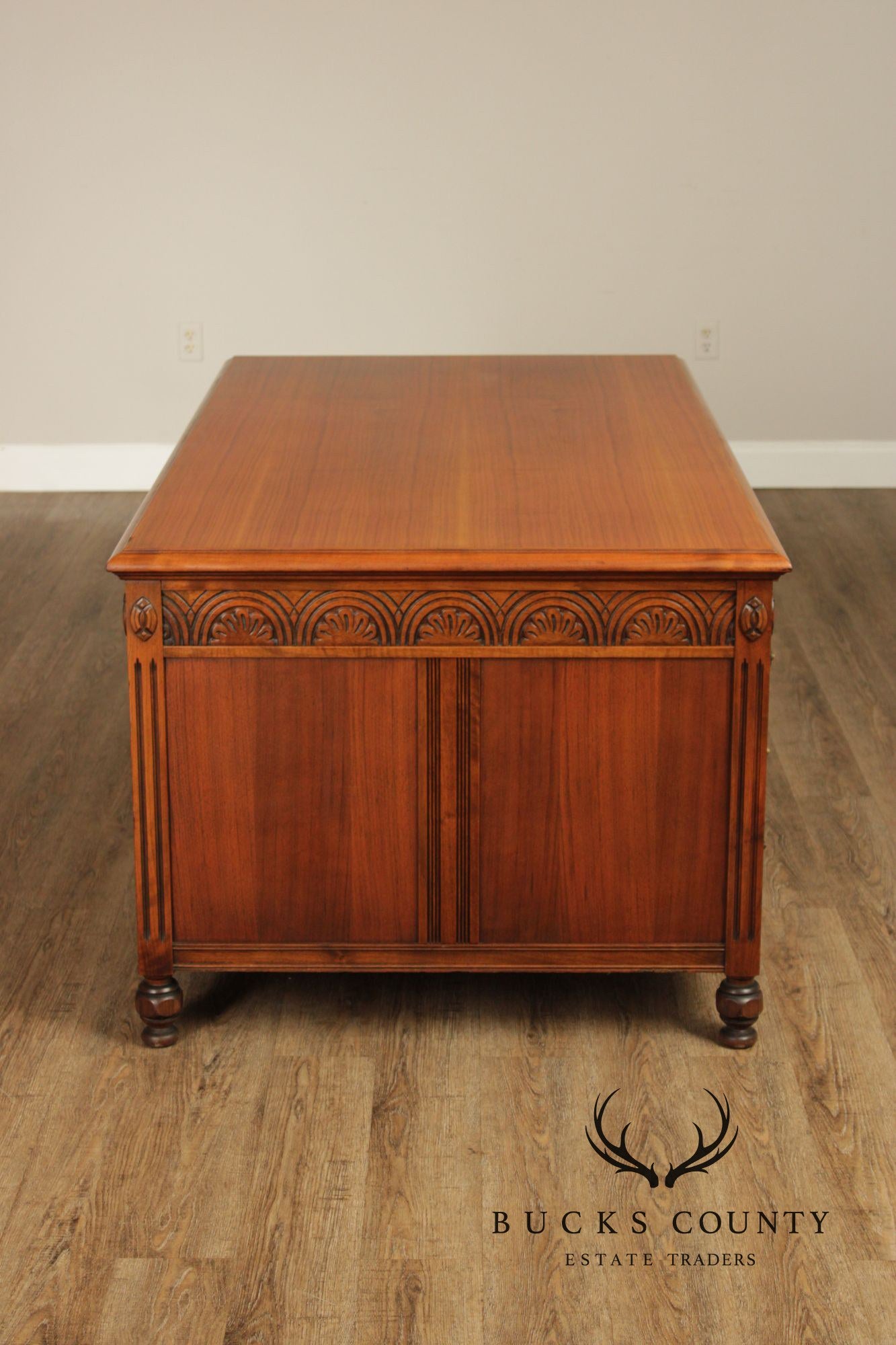 1930 Walnut Carved Pedestal Executive Desk with Pull-Out Writing Slides