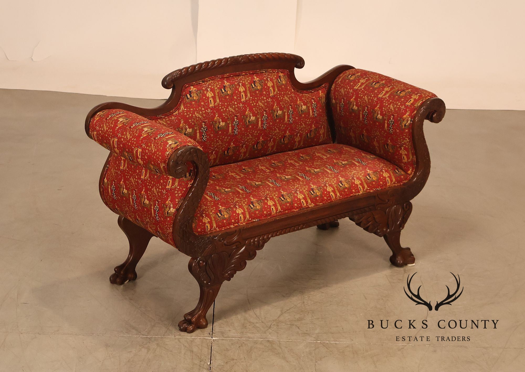 Antique American Empire Carved Mahogany Sofa With Scrolled Arms And Lion Paw Feet