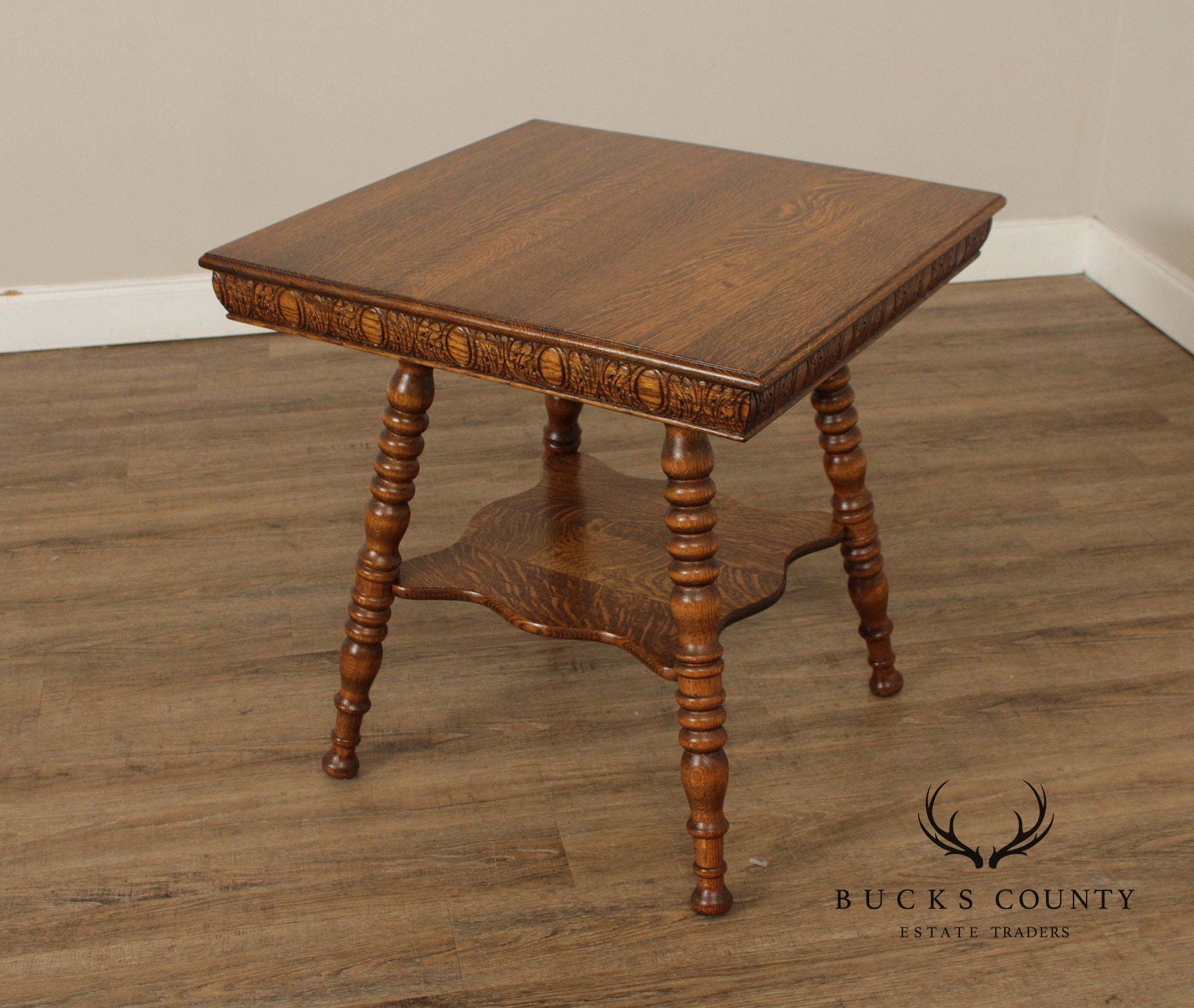 Antique Victorian Oak Square Two Tier Parlor Side Table