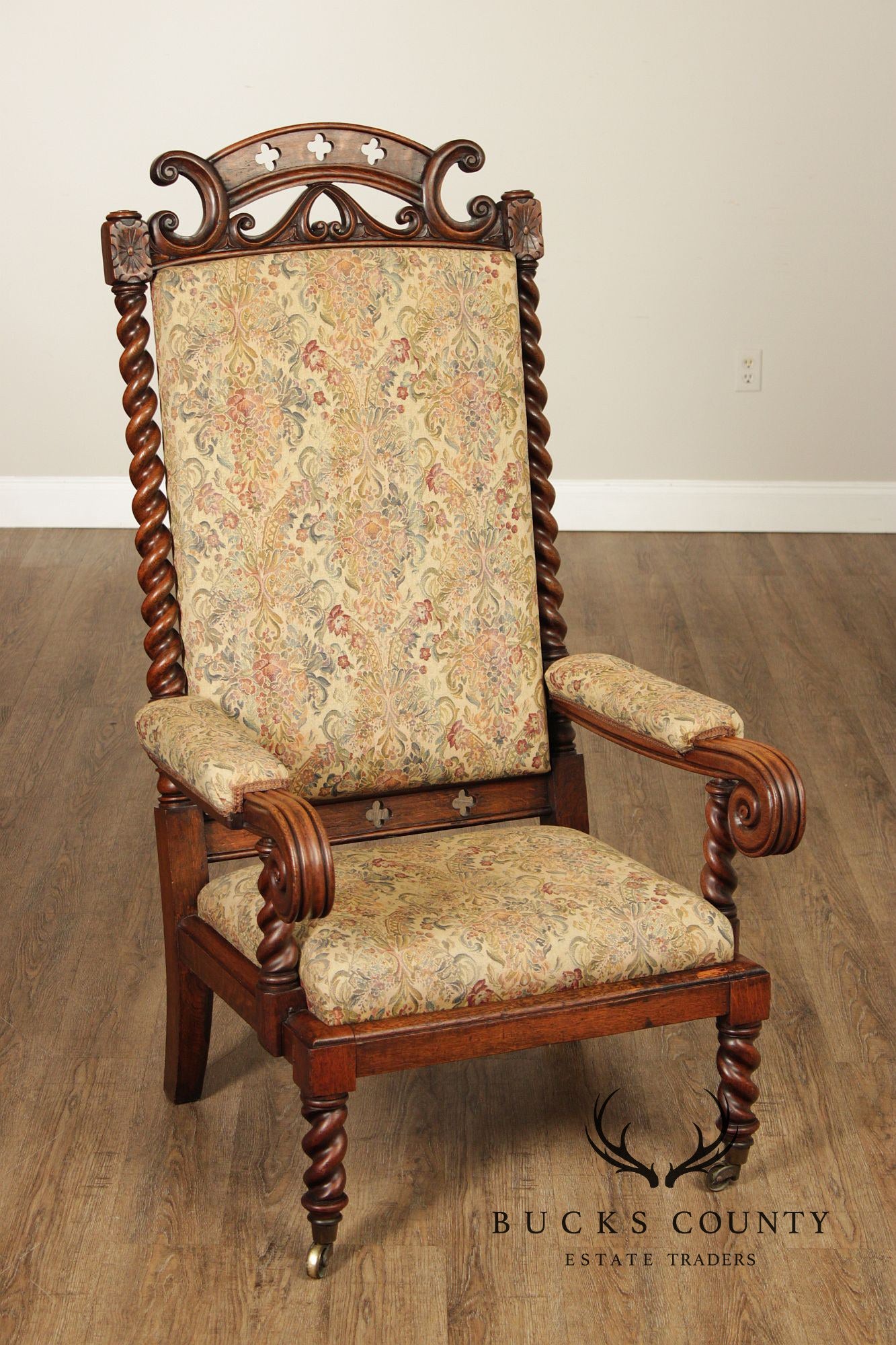 Antique Gothic Revival Barley Twist Carved Oak Throne Chair