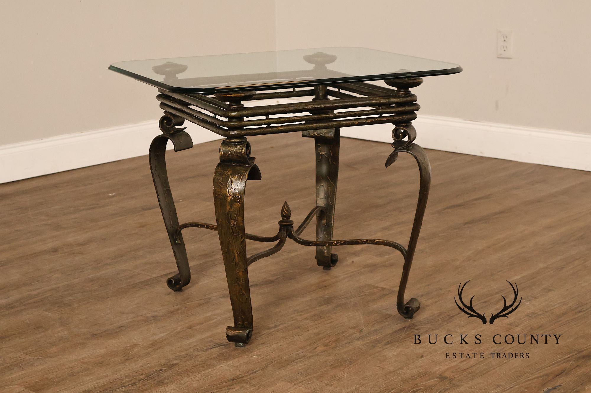 Neoclassical Revival Glass Top Metal Accent Table