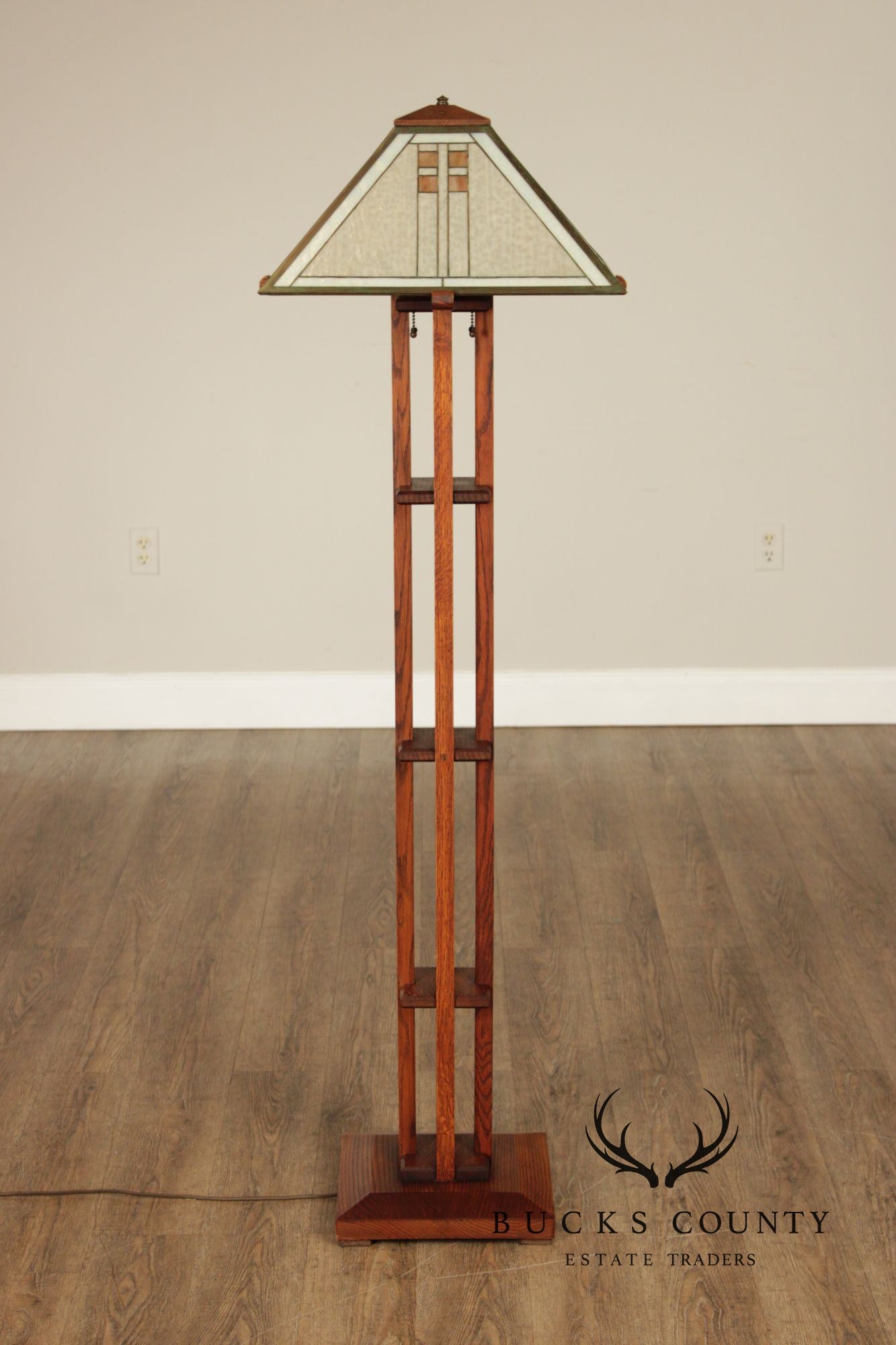 Pair Michael Adams – Aurora Studios Prairie School Oak & Stained Glass Floor Lamps