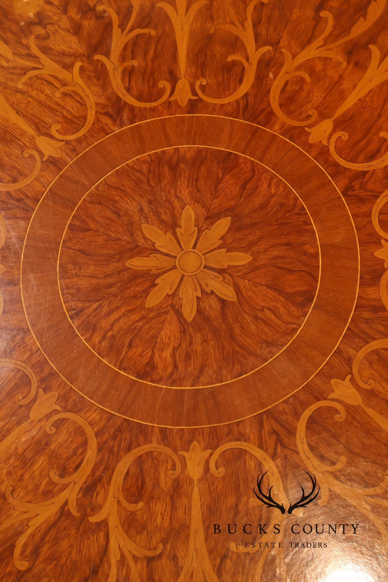 Empire Style Ormolu Mounted Round Marquetry Inlaid Cocktail Table