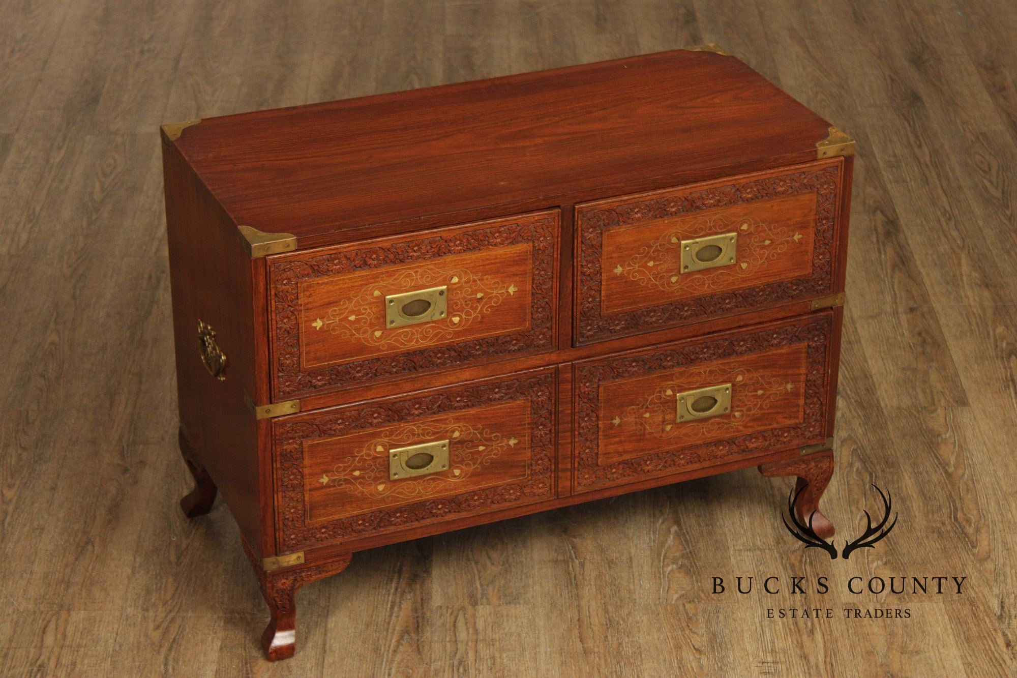Brass Inlaid And Carved Teak Four Drawer Campaign Chest