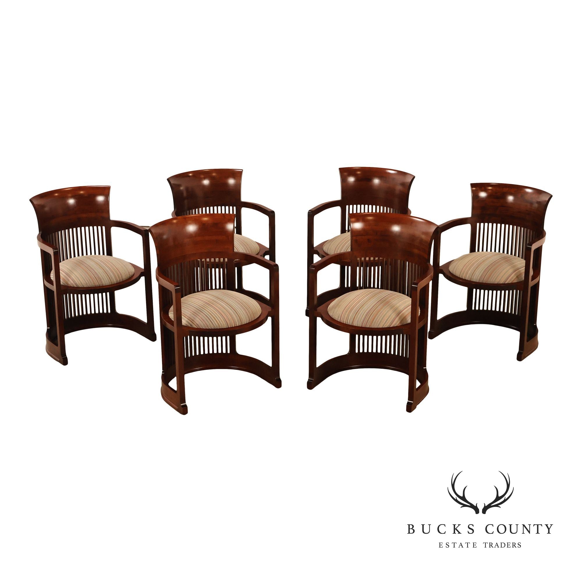 Cassina Frank Lloyd Wright Model 606 Set Of Six Cherry Barrel Dining Armchairs