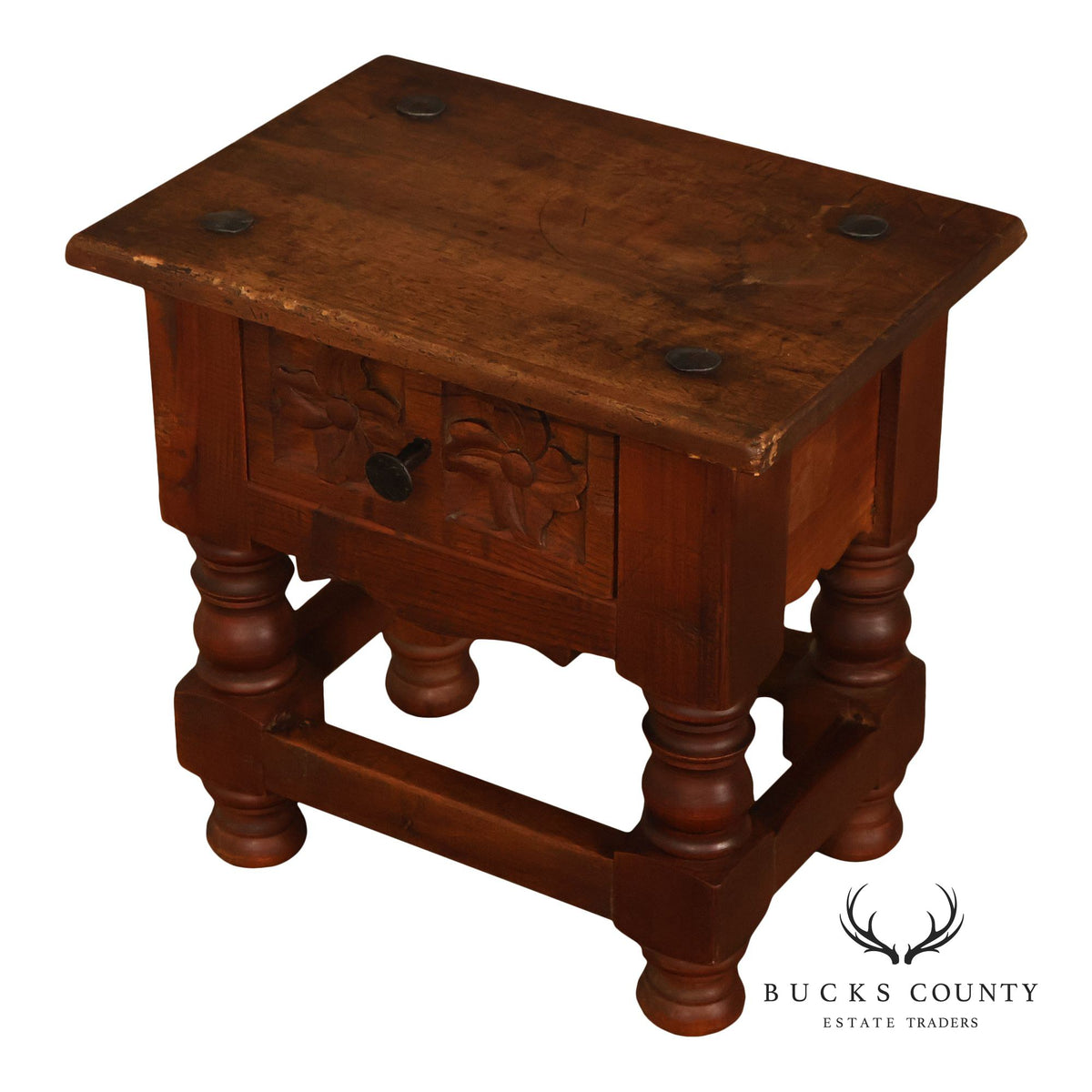 Vintage Spanish Colonial Revival Carved Wood One-Drawer Side Table