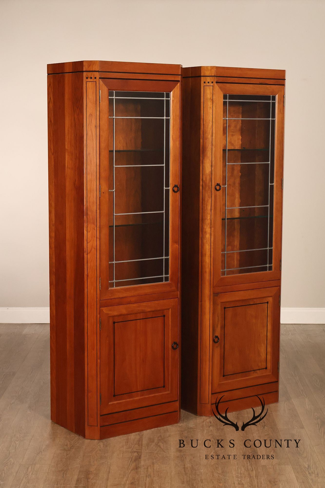 Stickley 21st Century Collection Pair Of Cherry Lighted Curio Display Cabinets