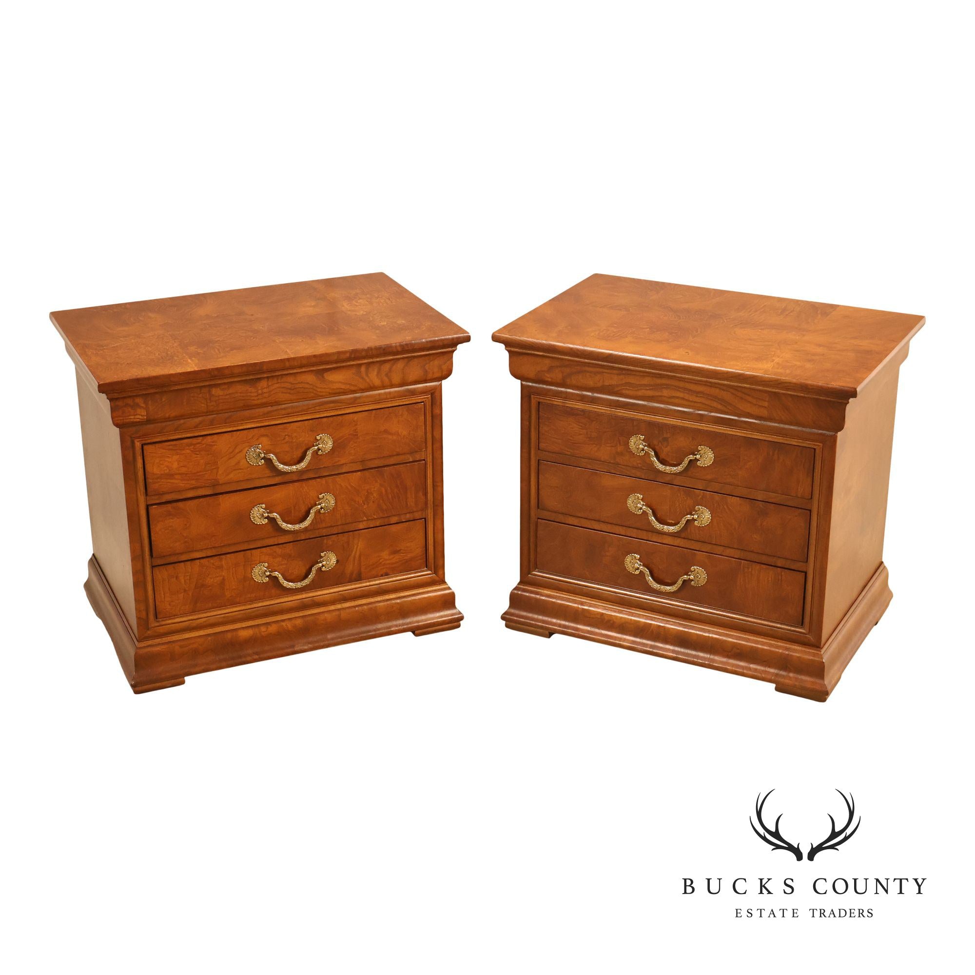 Henredon 'Charles X' Pair of Burlwood Nightstands
