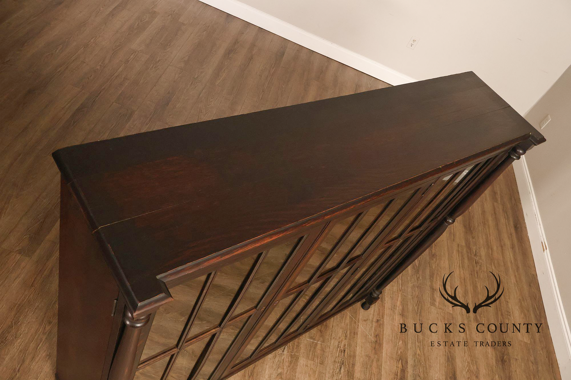 Antique Carved Oak Glass Door Triple Bookcase