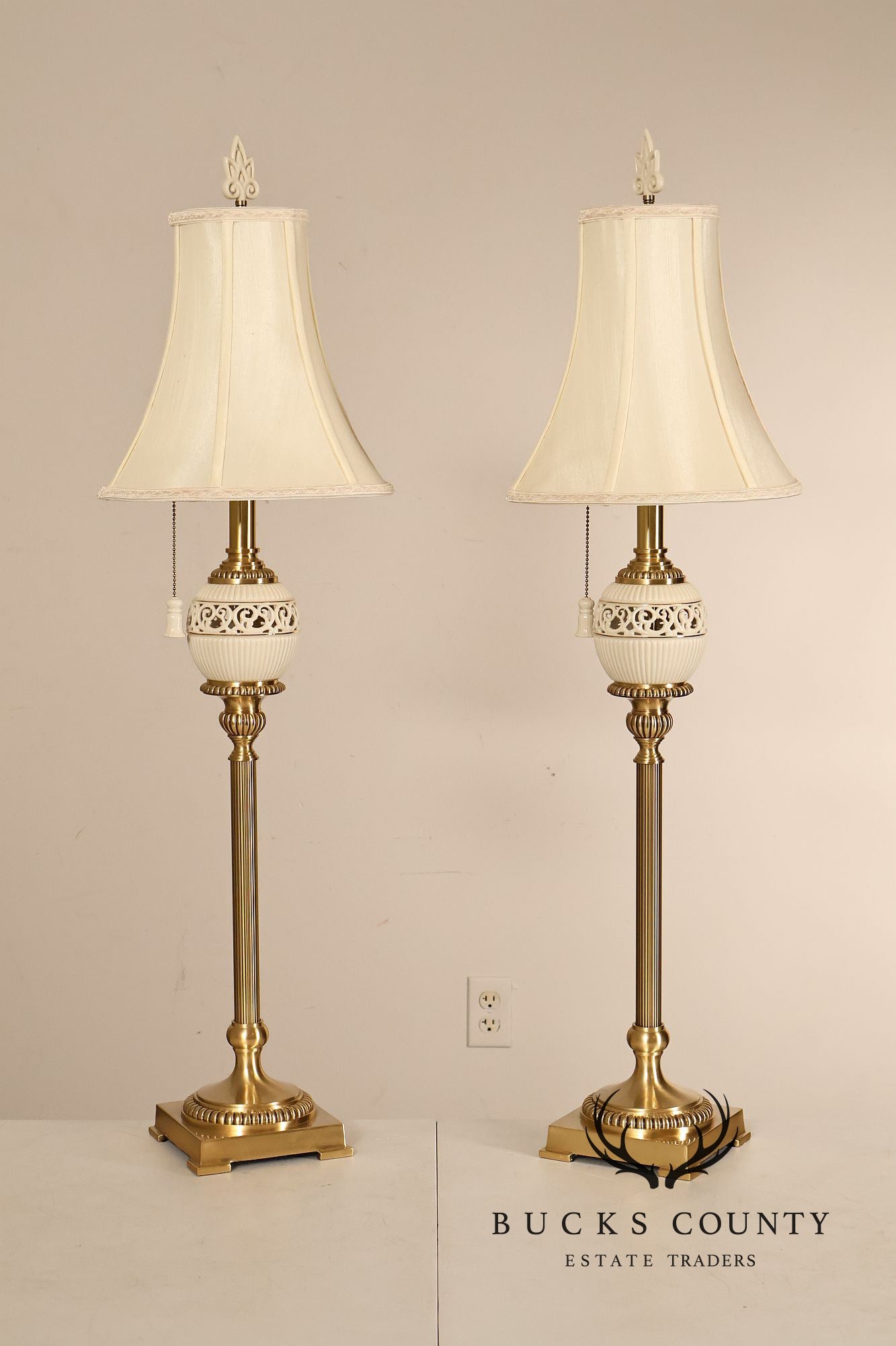 Lenox For Quoizel Pair of Brass and Porcelain Tall Table Lamps