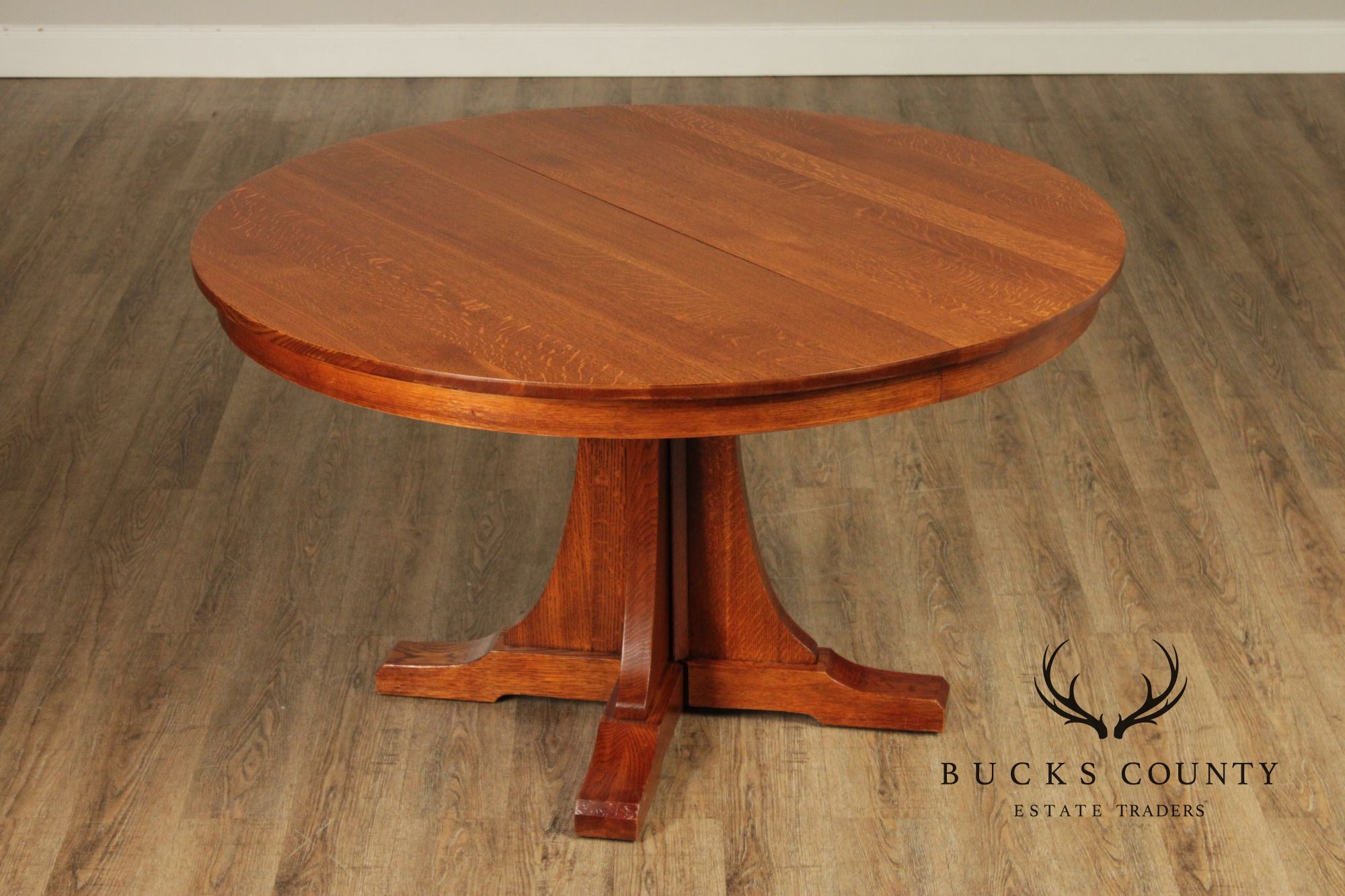 Stickley Mission Collection Round Oak Pedestal Expandable Dining Table