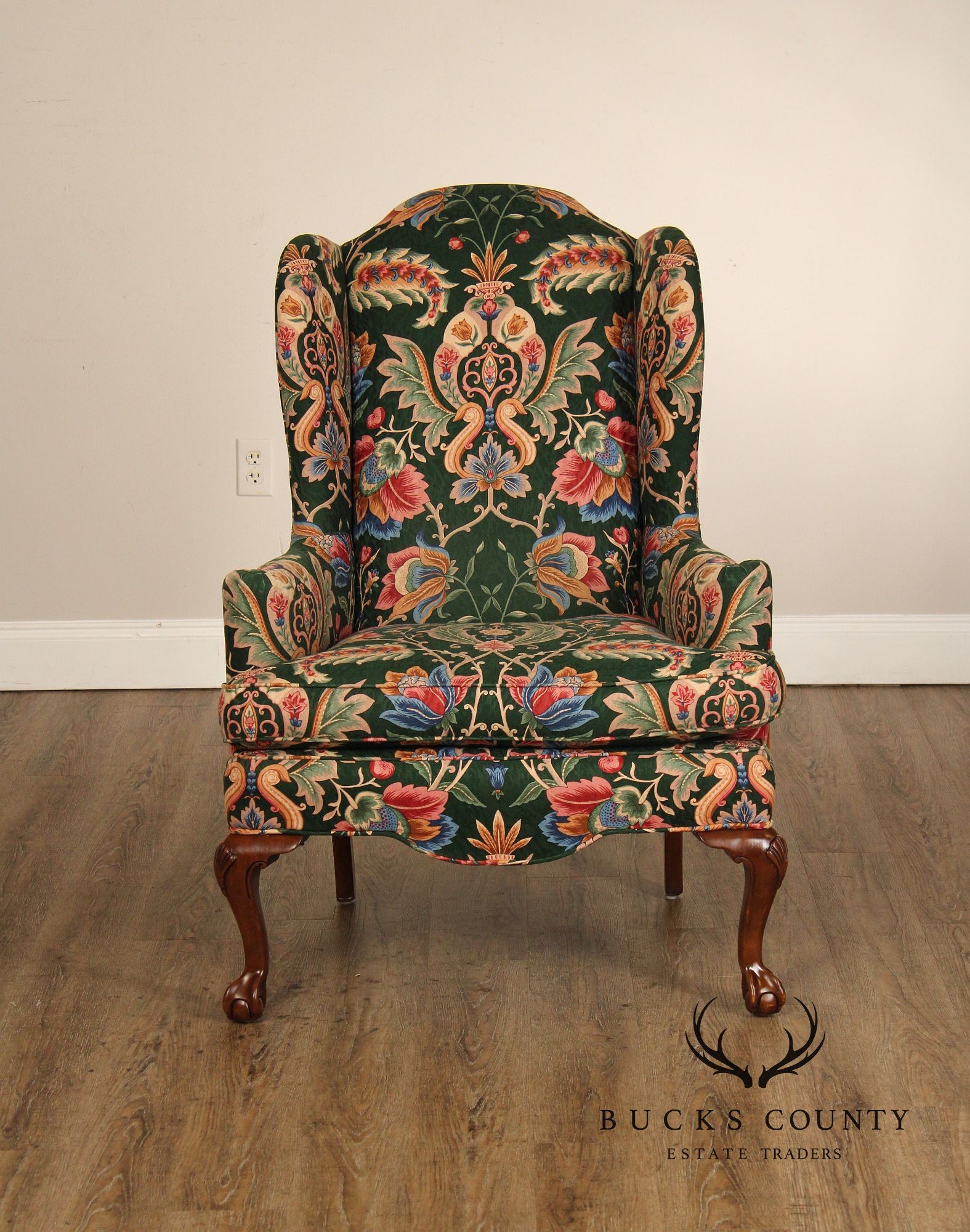 Ethan Allen Floral Upholstered Chippendale Style Wingback Chair