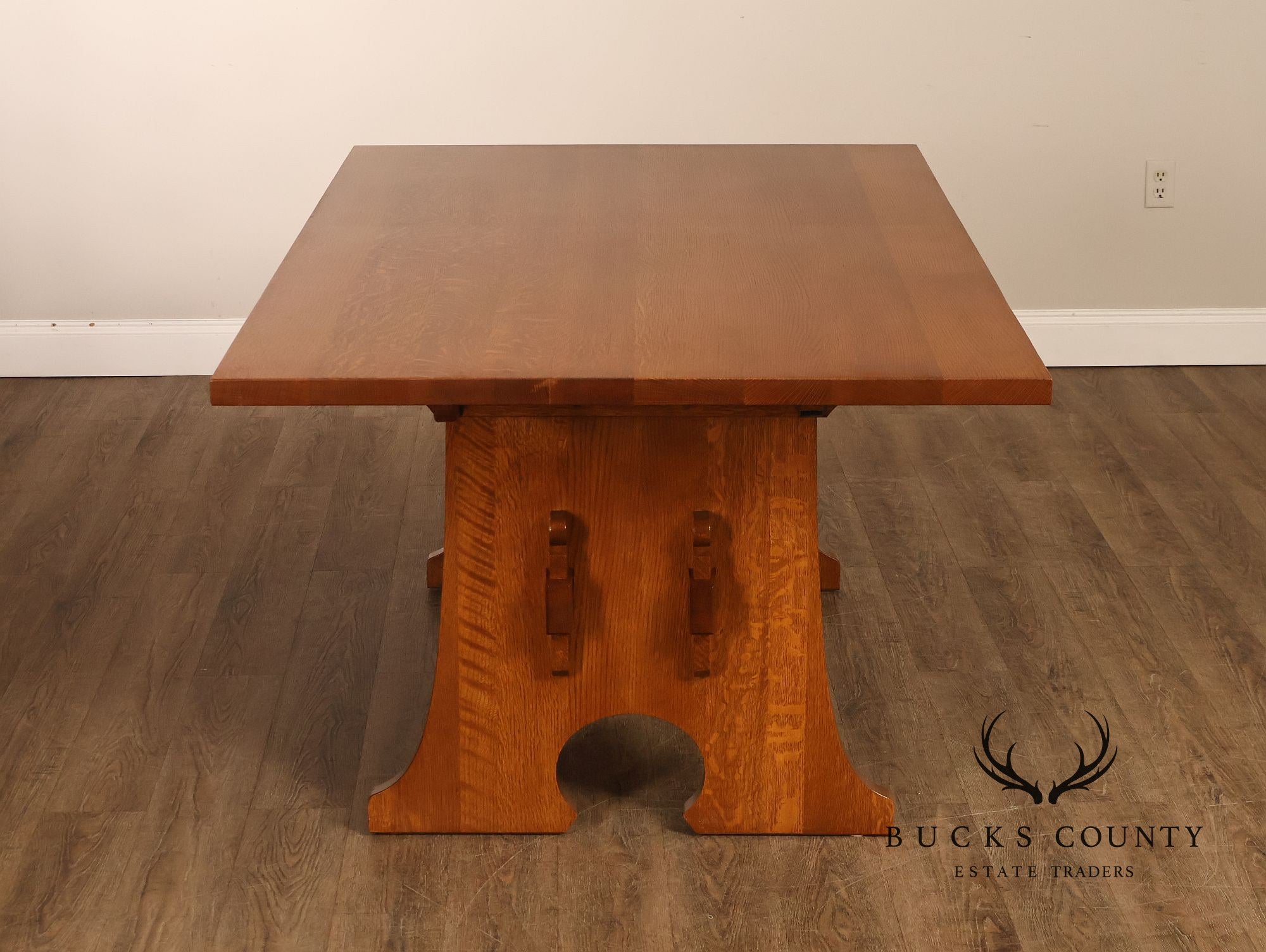 Stickley Mission Collection Oak Trestle Dining Table With Two Leaves