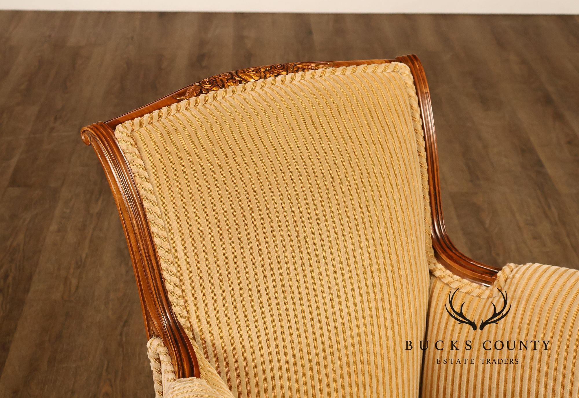 Medea Furniture Pair of Louis XVI Style Carved Bergere Armchairs With Gold Striped Velvet Upholstery