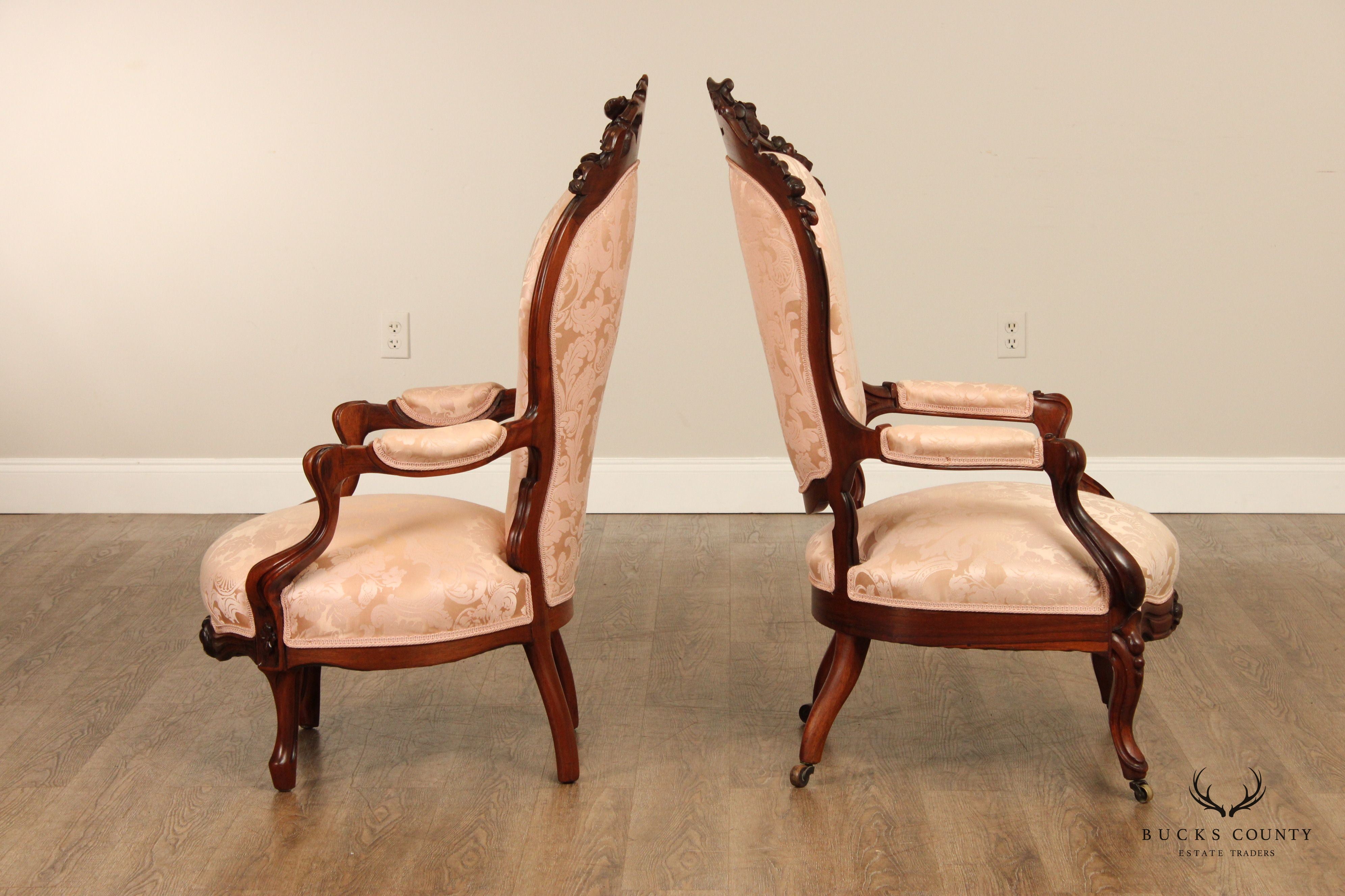 Antique Victorian Pair of Carved Walnut Armchairs