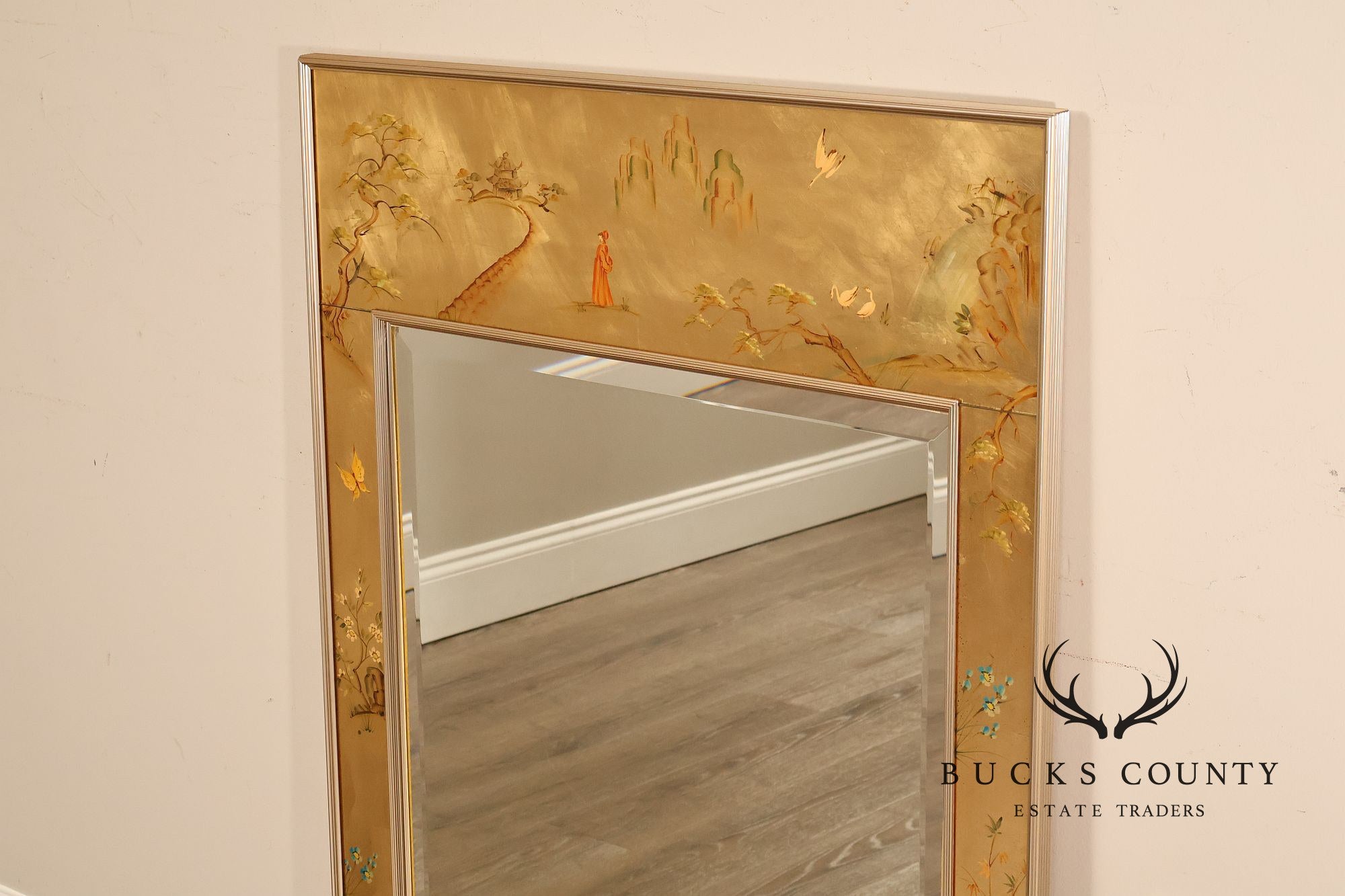 LaBarge Chinoiserie Eglomise Brass Wall Mirror