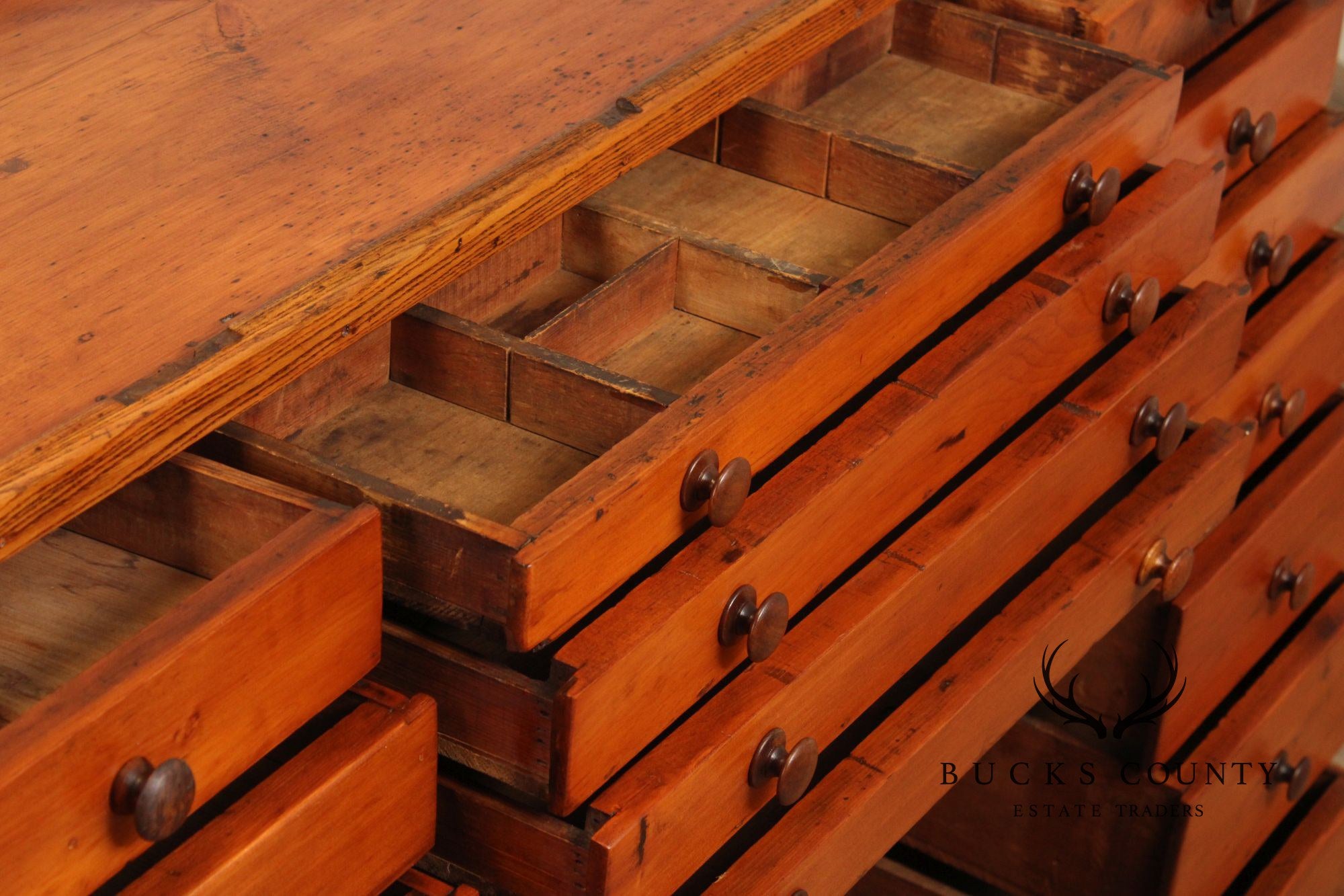 Antique Early 20th Century American Watchmaker’s Workbench With Multi Drawer Storage