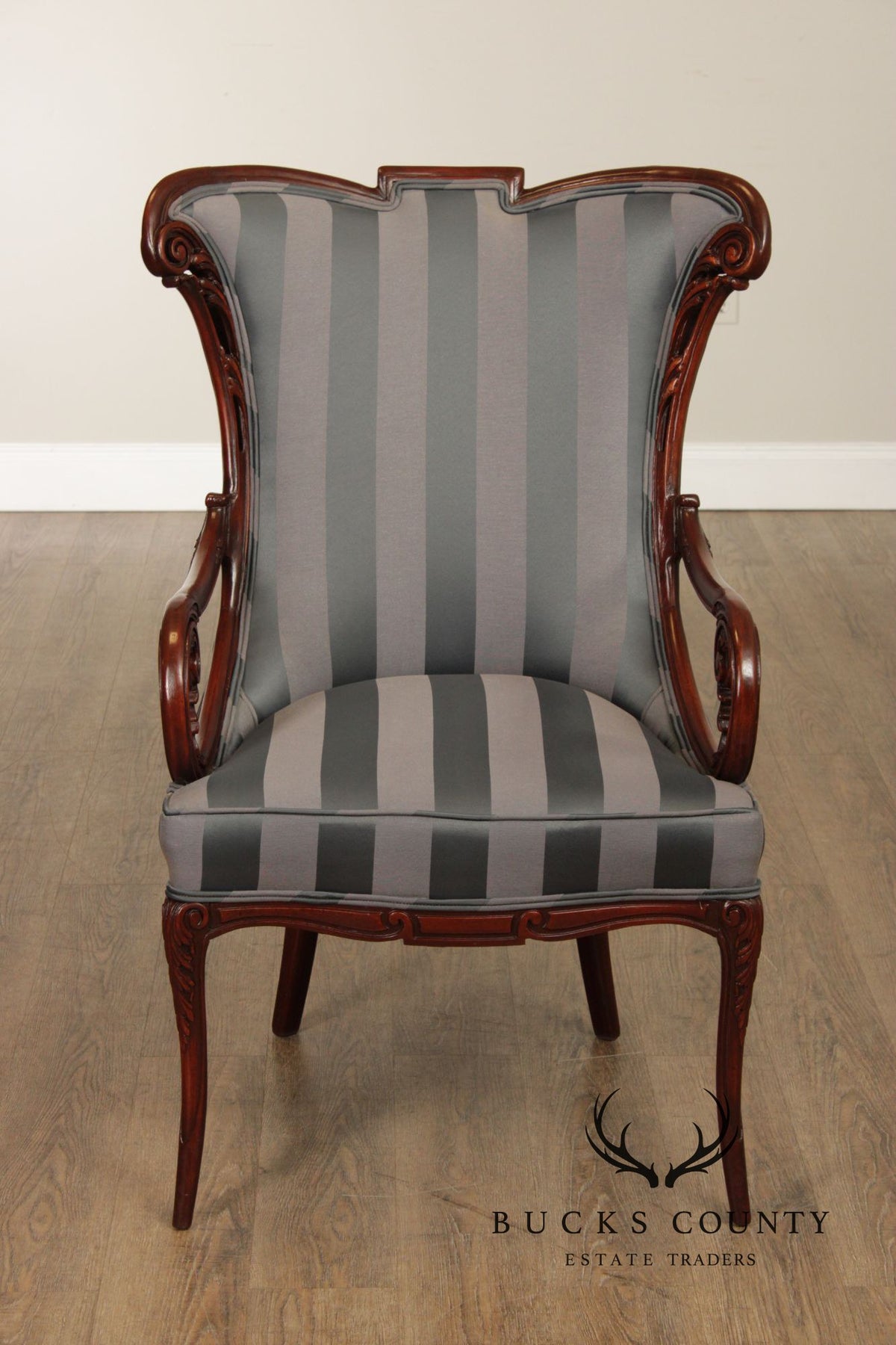 Pair Of Louis XV Style Carved Mahogany Upholstered Armchairs