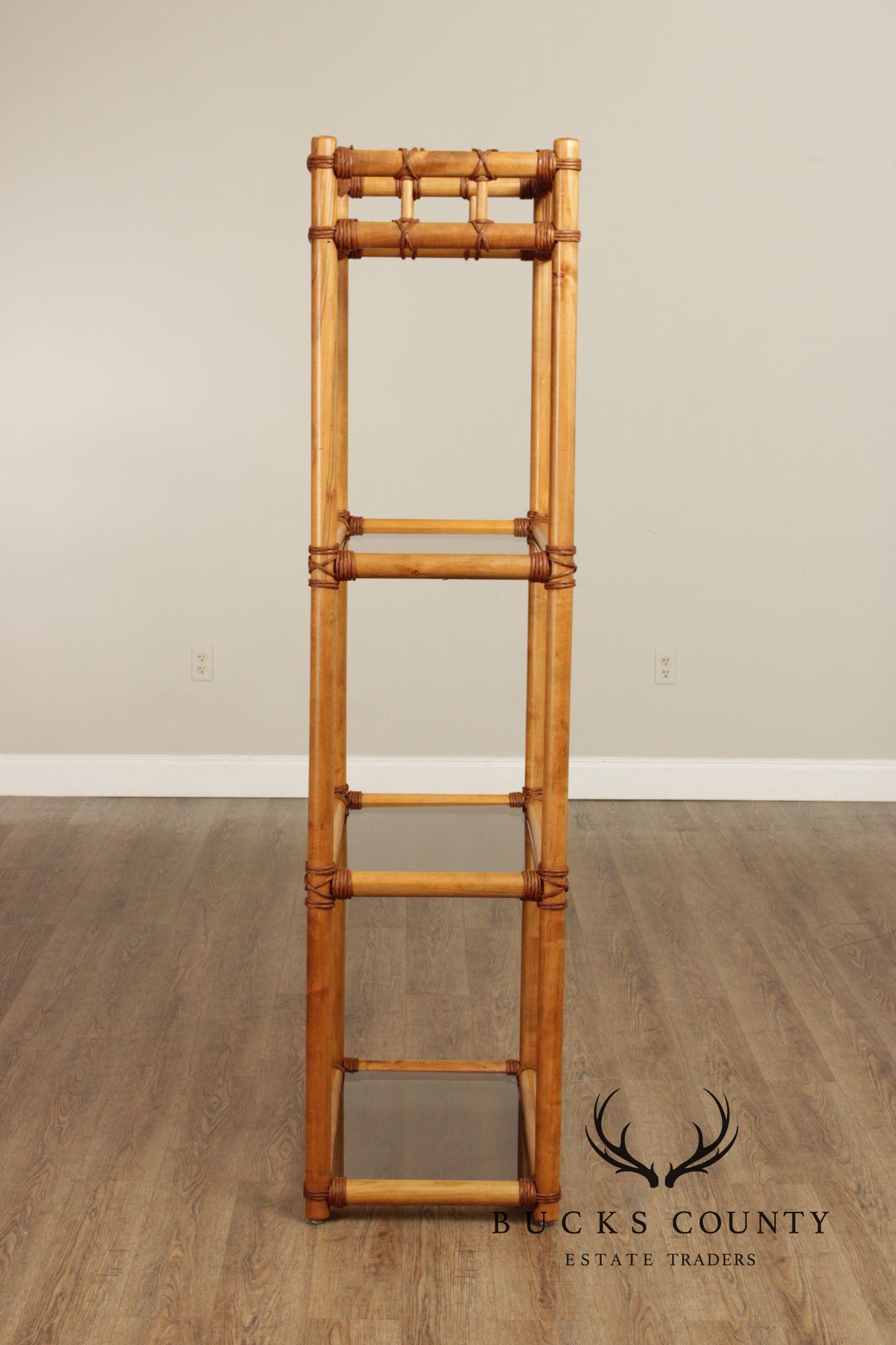 Vintage Coastal Style Bamboo And Glass Shelf Etagere
