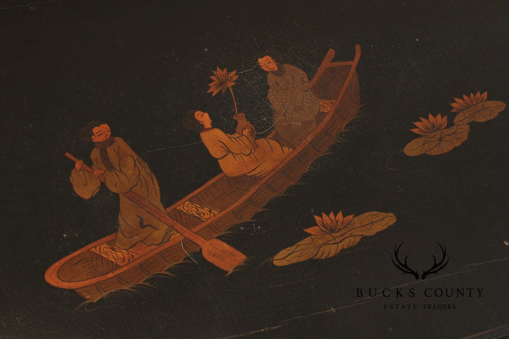 Georgian Furnishing Co. Pair Of Black Lacquer Chinoiserie Cabinets