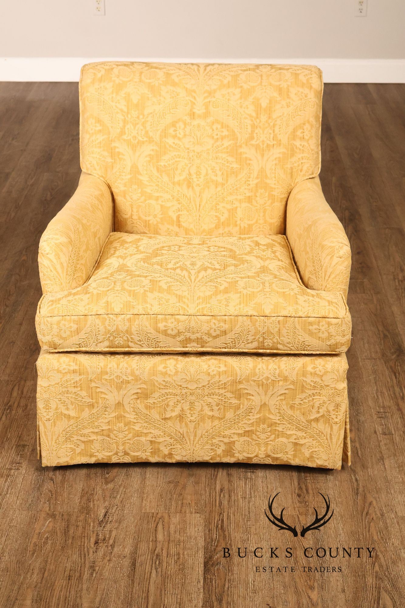 Custom Pair Of Skirted Damask Upholstered Lounge Chairs