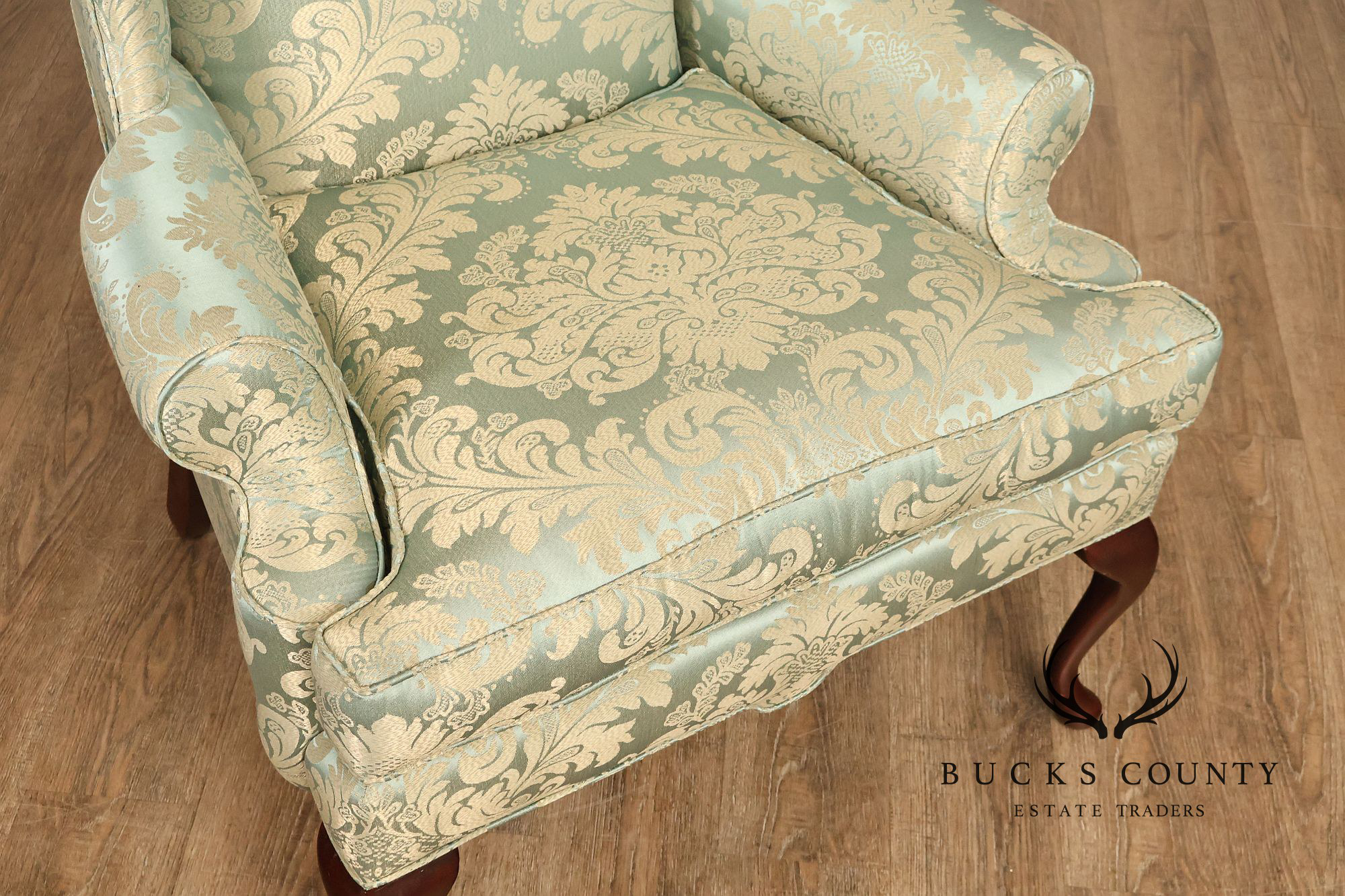 Quality Vintage Pair Of High Back Damask Upholstered Wing Chairs