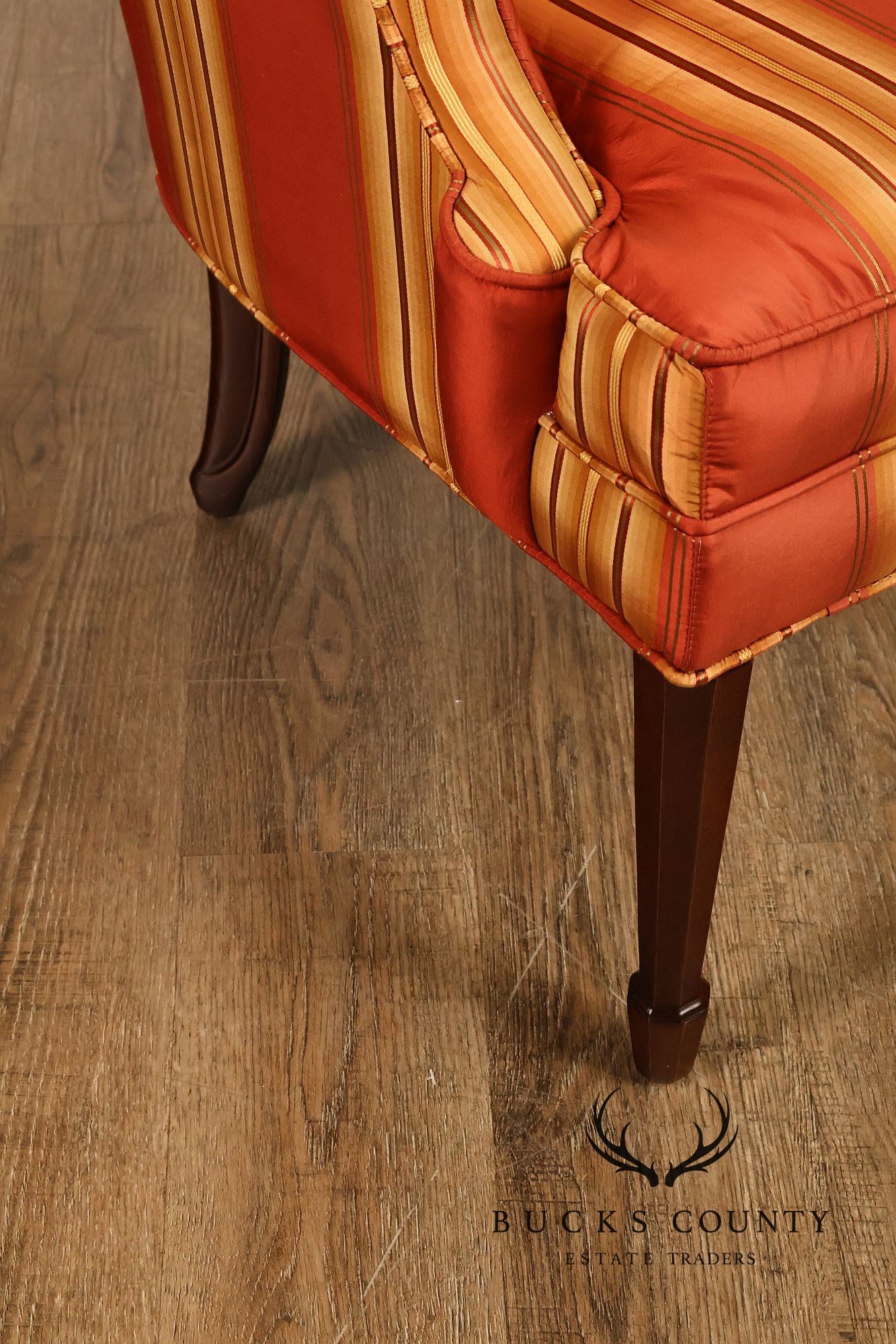Custom Quality Pair Of Mahogany Fanback Wing Chairs