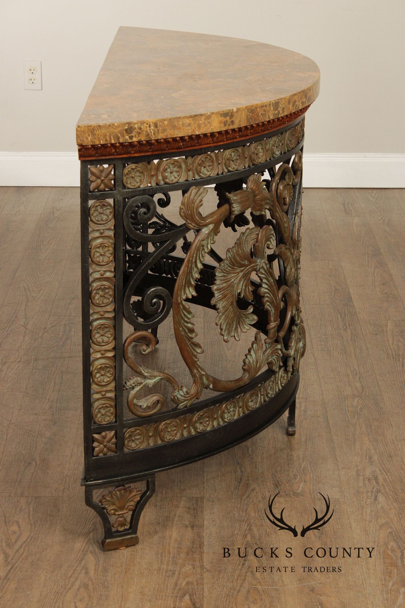 Maitland Smith Marble Top Demilune Wrought Iron Console Table