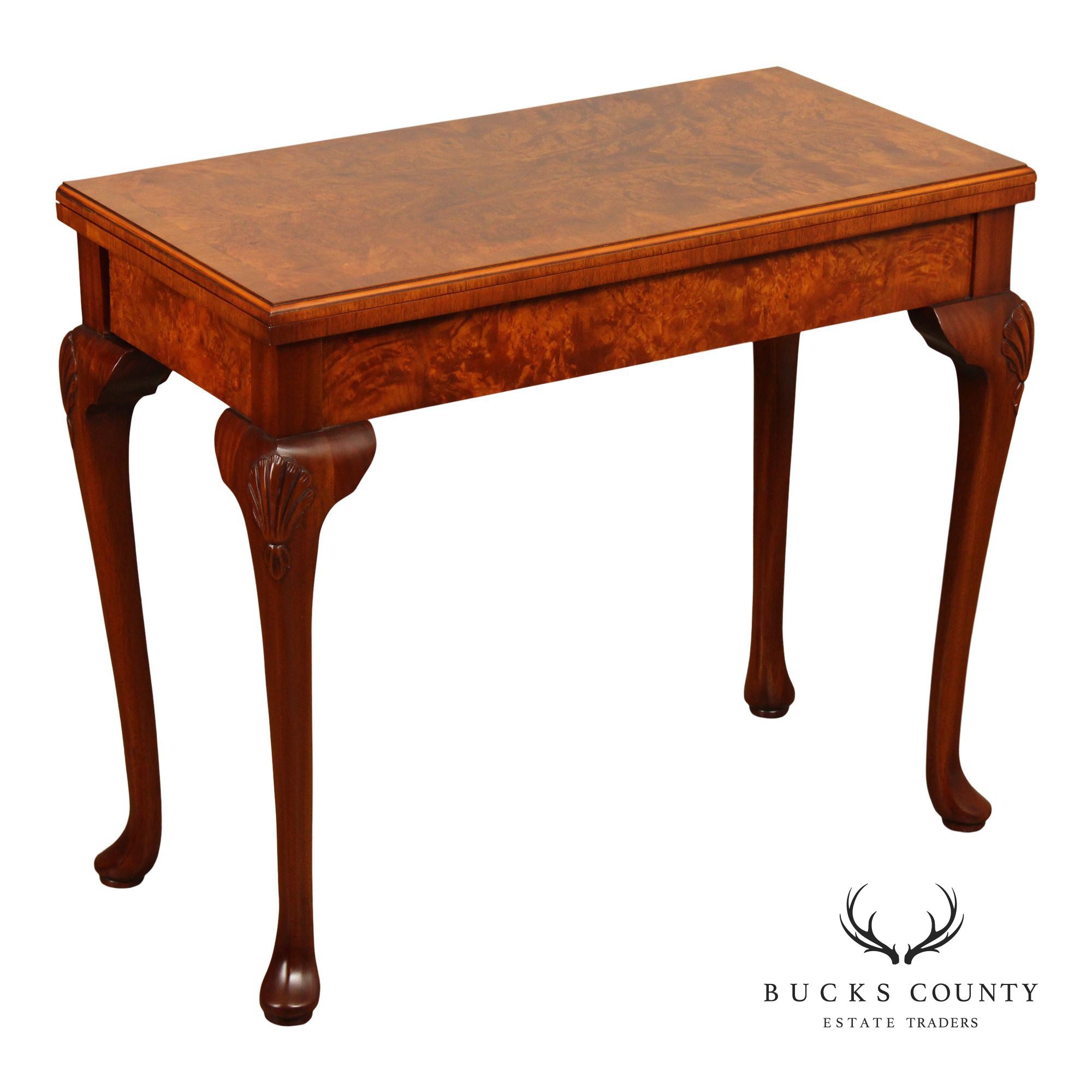 Queen Anne Style Burl Wood Leather Top Folding Games Table