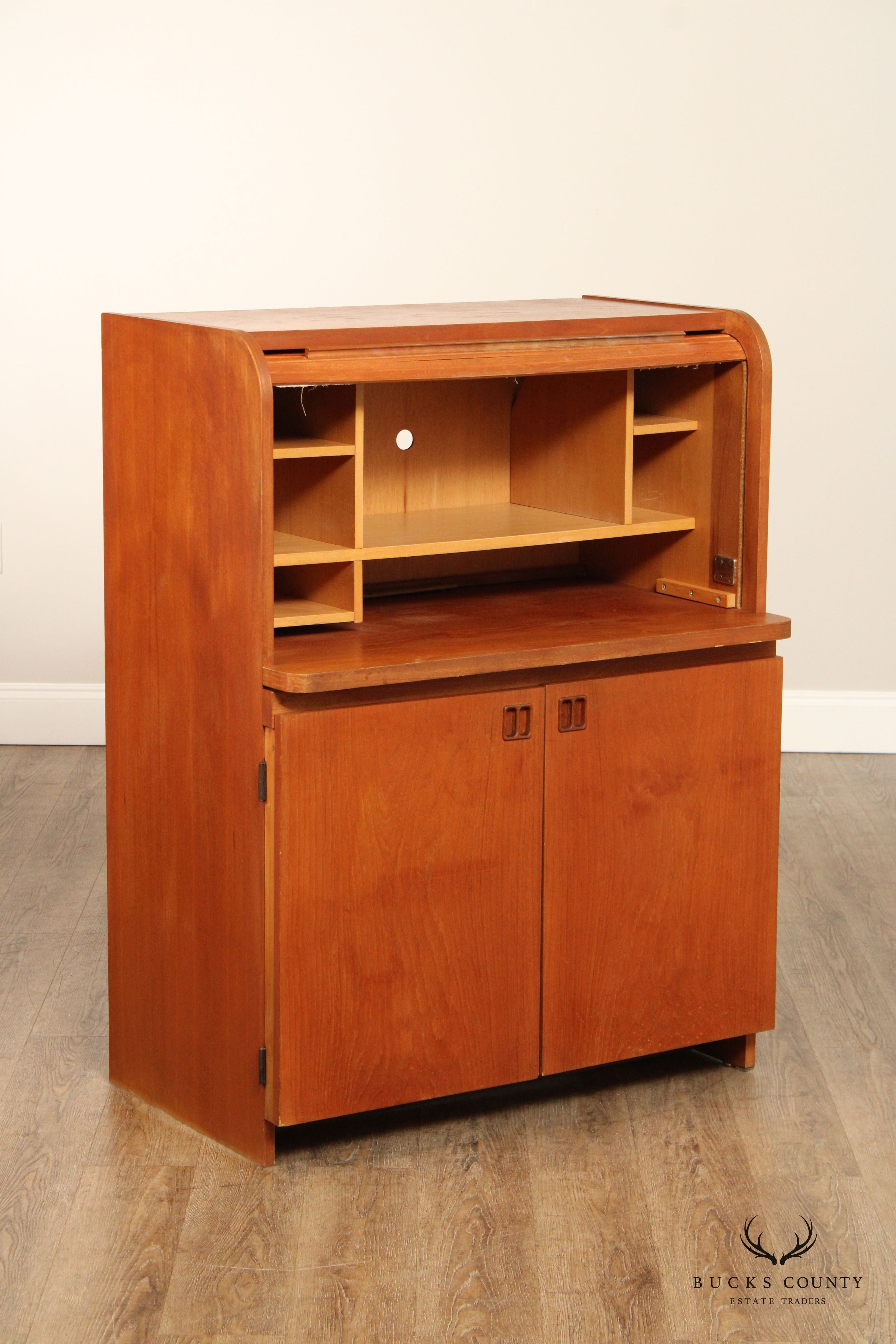 Danish Modern Vintage Teak Roll Top Bar Cabinet or Secretary Desk