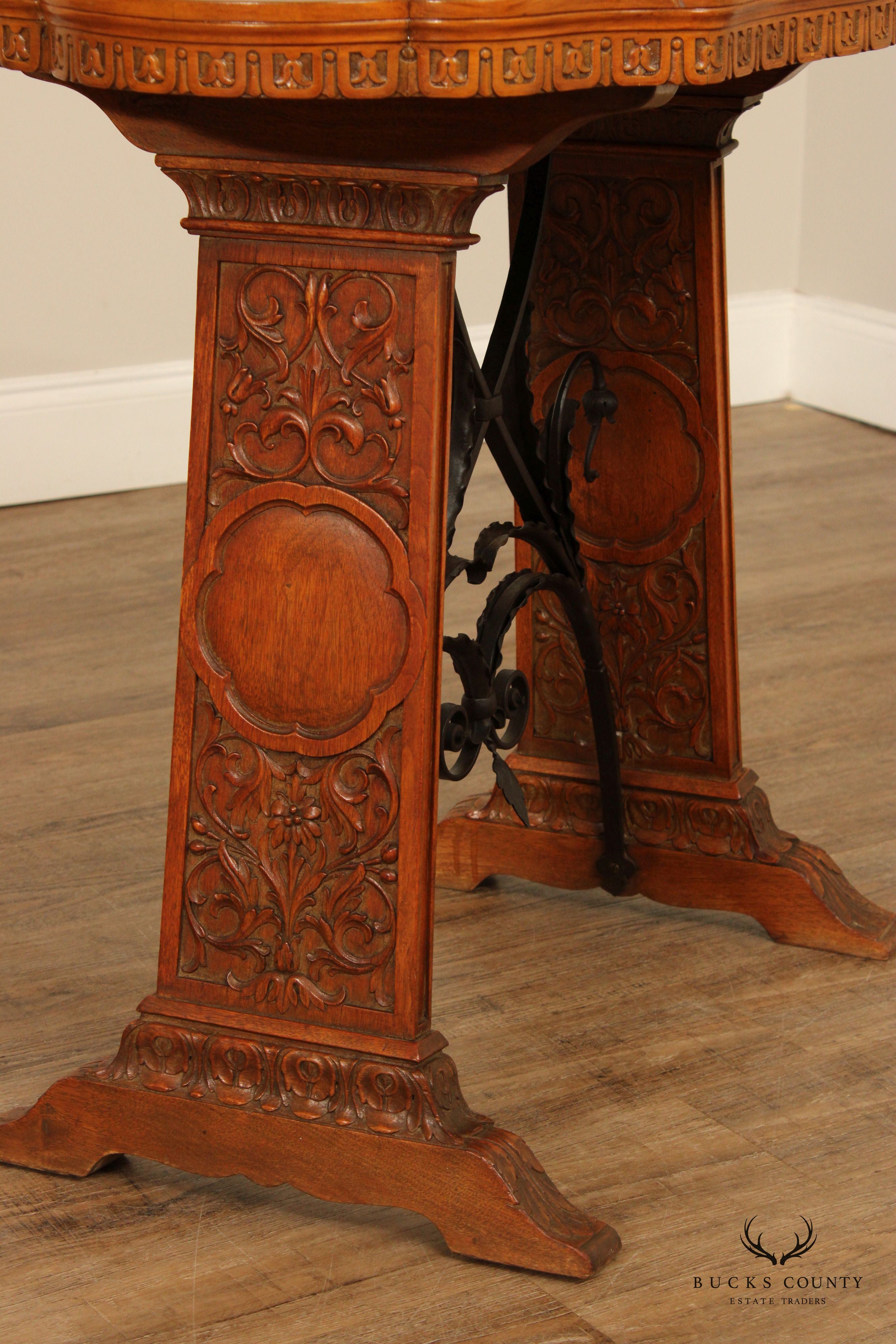 Antique Spanish Revival Carved Oak And Forged Iron Trestle Side Table
