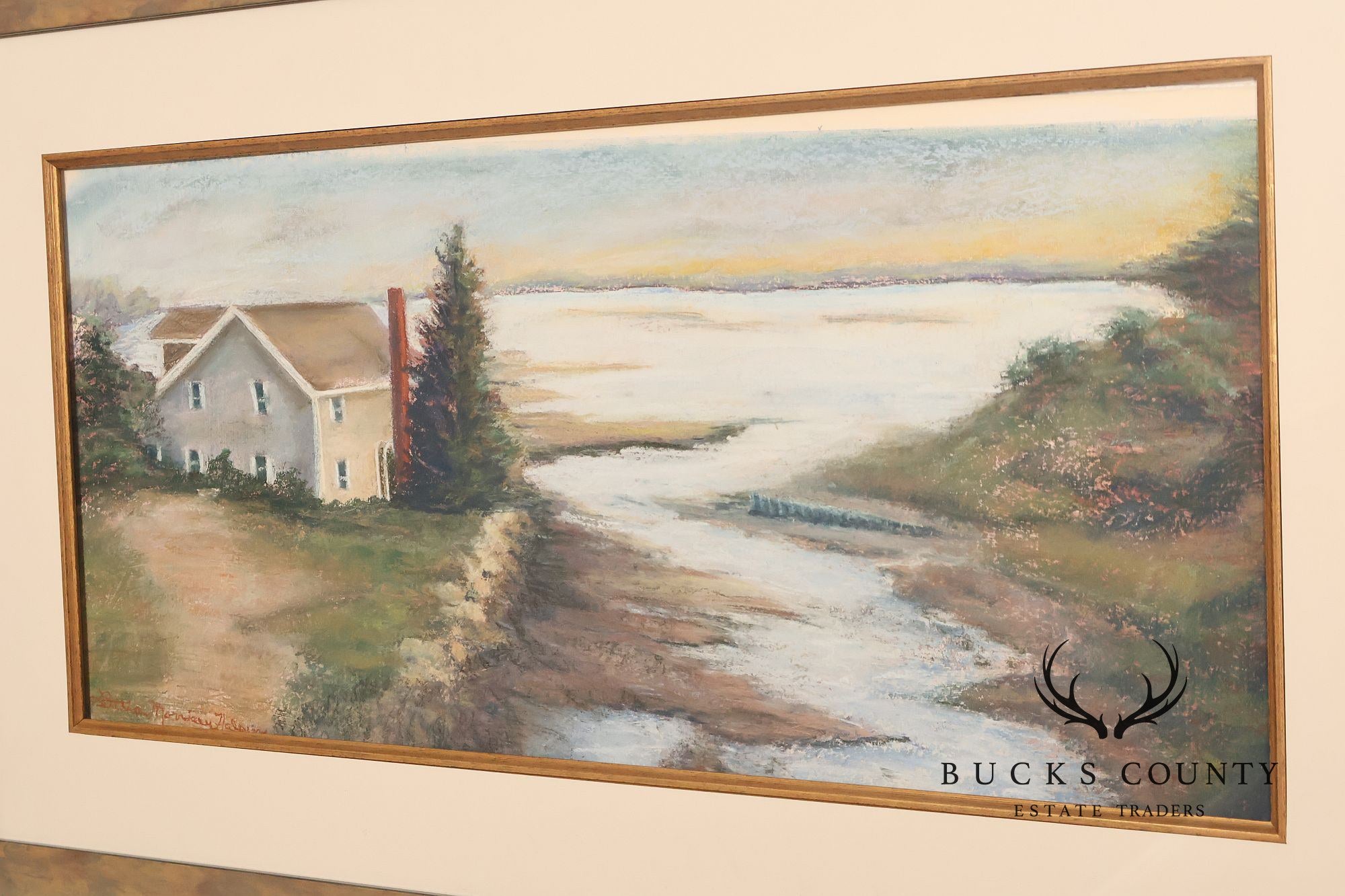 Framed Coastal Landscape "House By The Water" Painting Signed Letitia Morrison Halsey