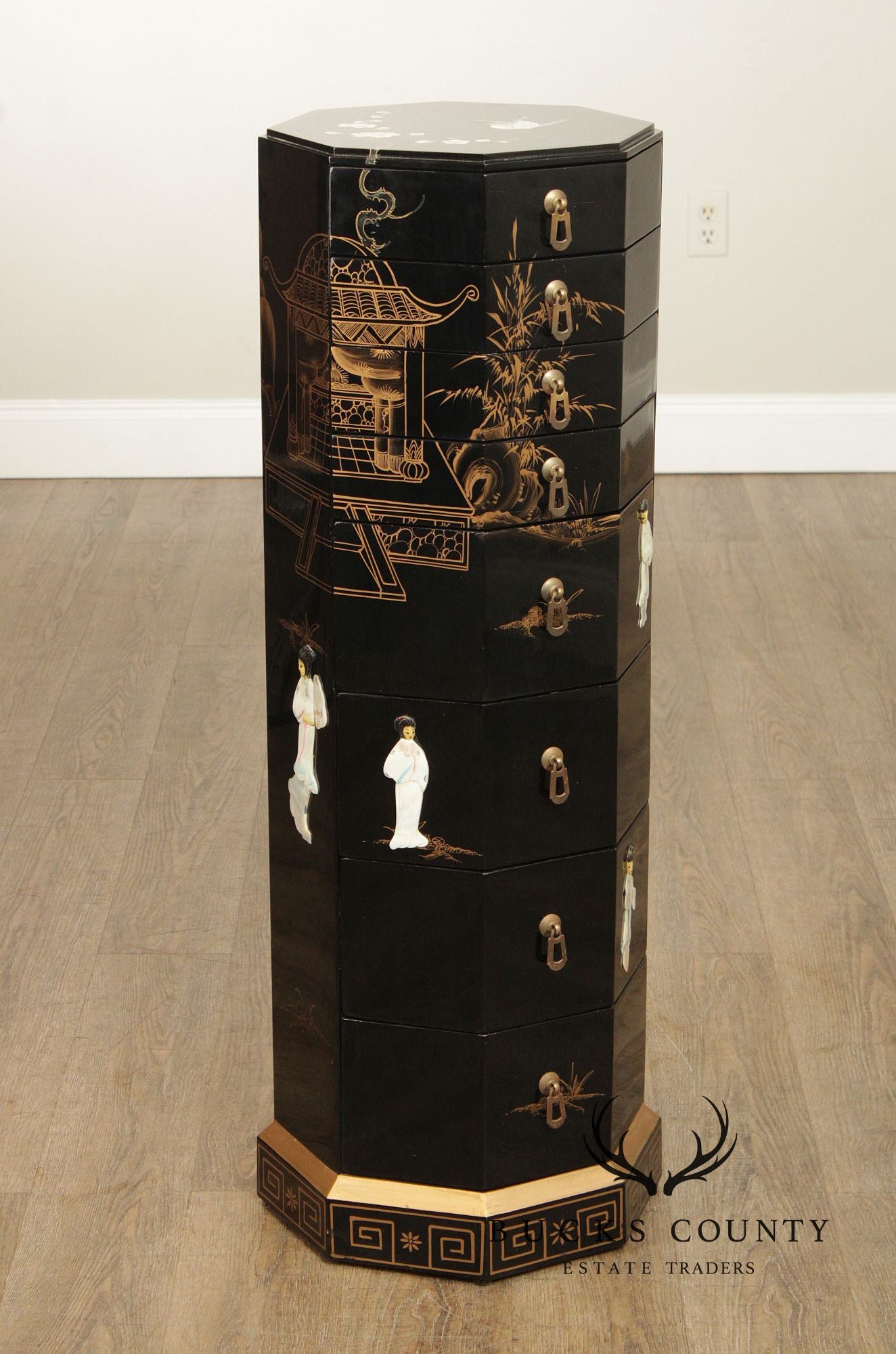 Chinoiserie Decorated Black Lacquer Jewelry Chest