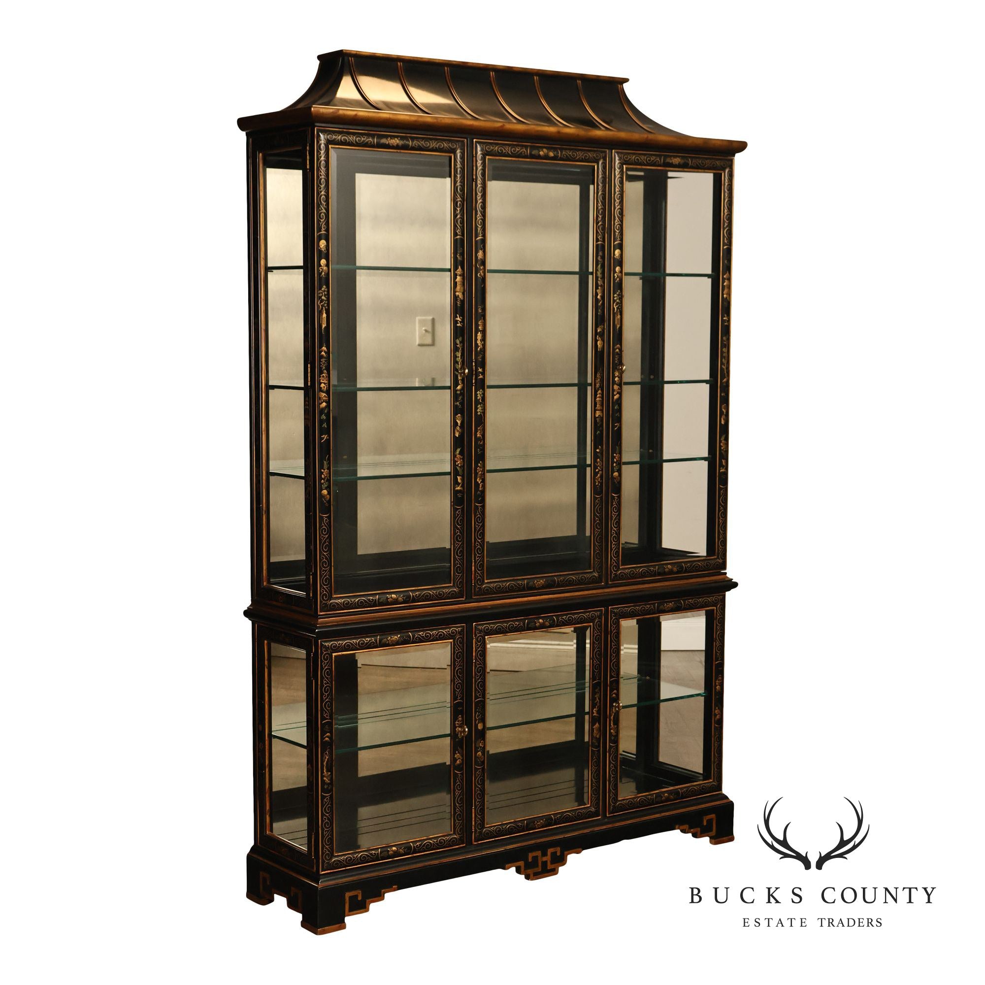 Drexel Heritage Et Cetera Chinoiserie Black Lacquer Pagoda Top Lighted Display China Cabinet