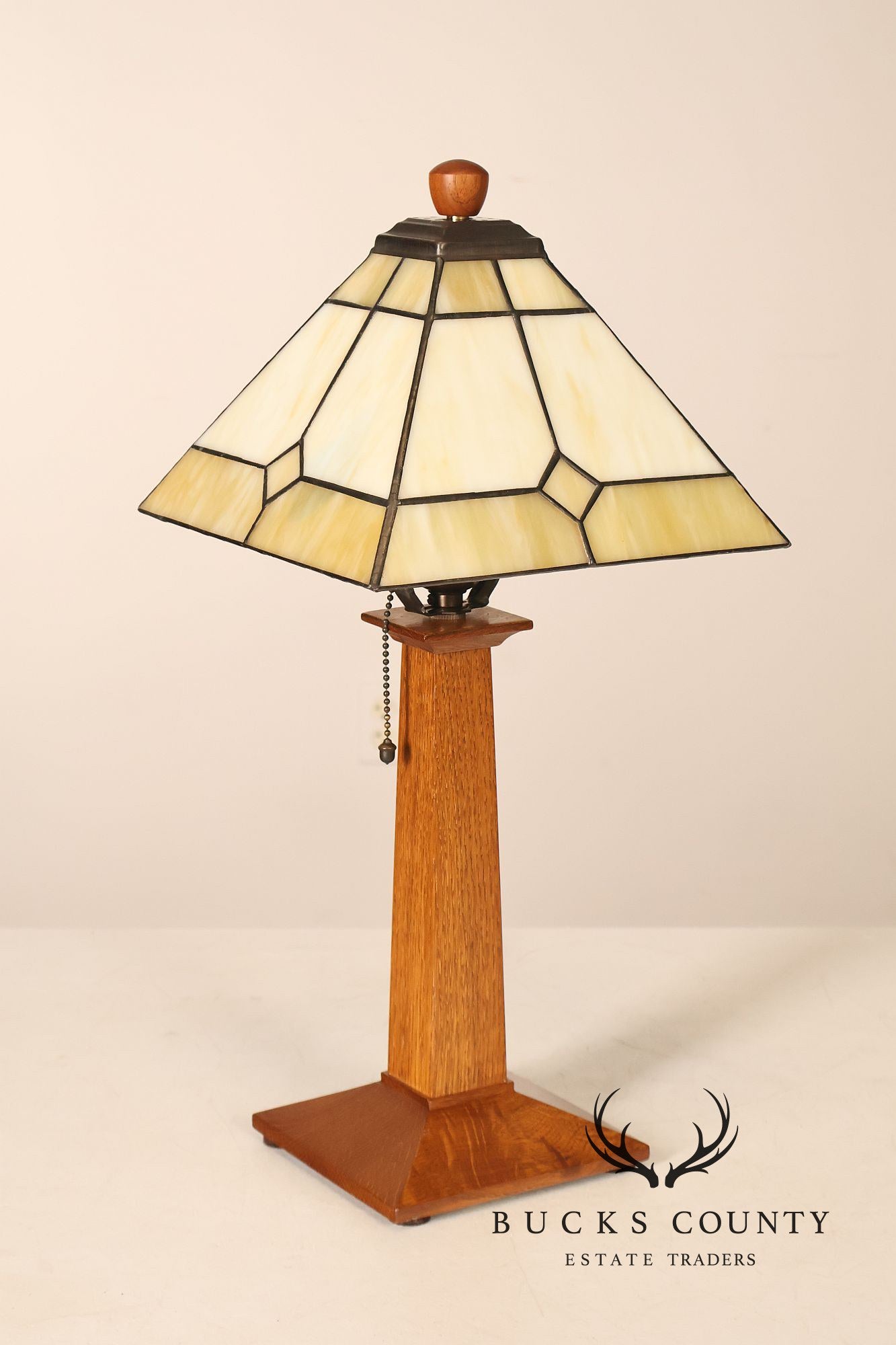 Stickley Mission Collection Oak Table Lamp with Art Glass Shade